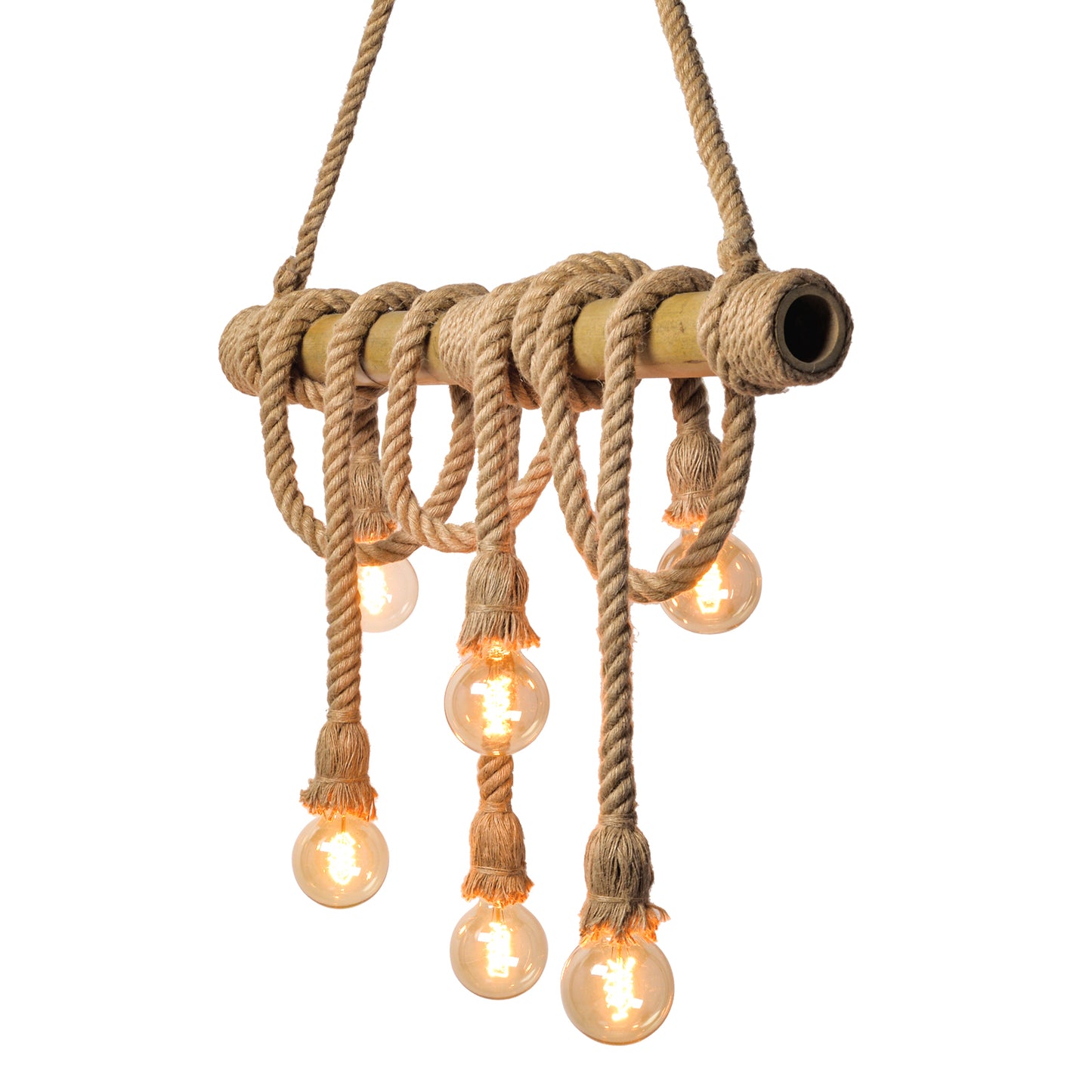 (M)Bamboo Pendant Light Rope Hemp 6-Light Bamboo Chandeliers Fixture for Kitchen Island
