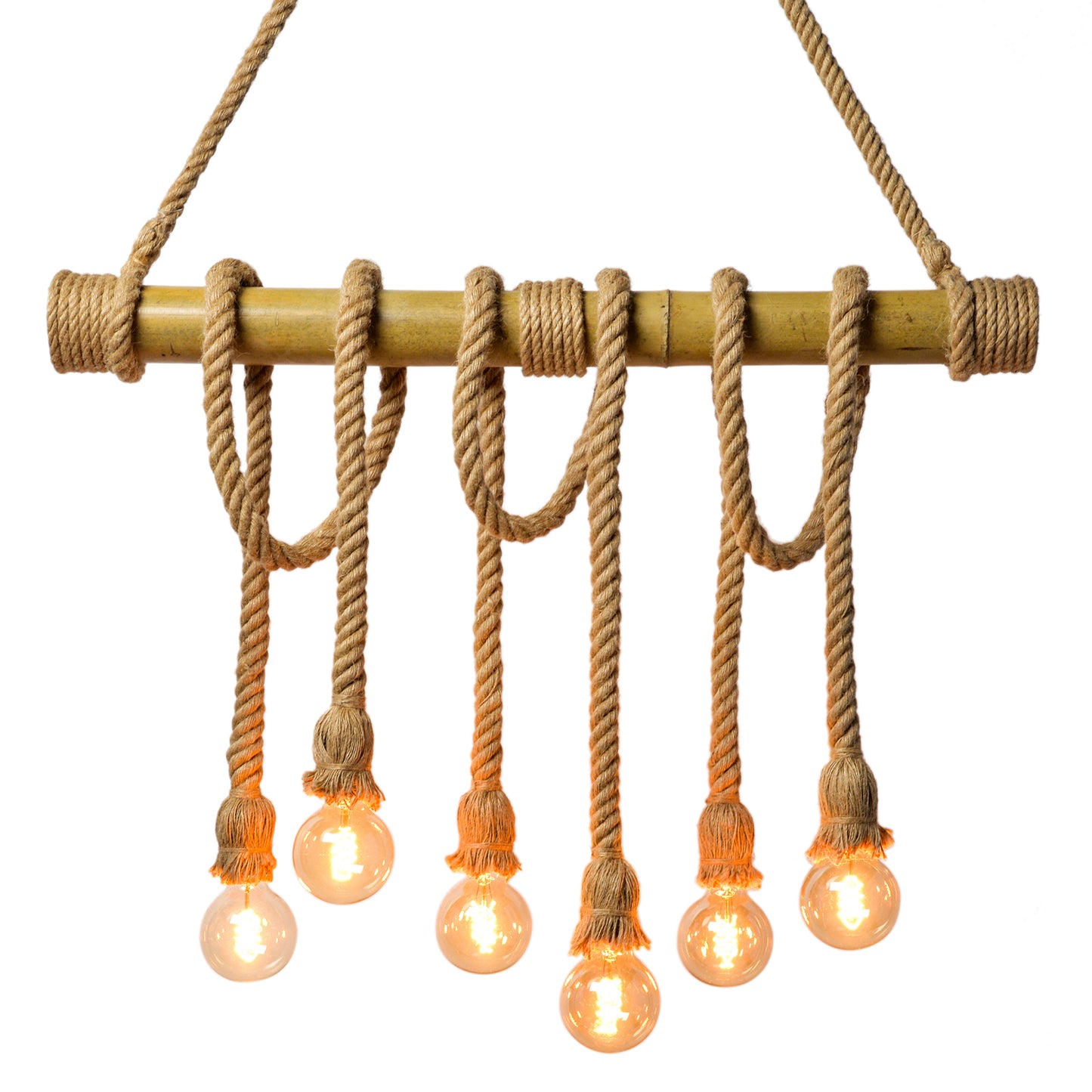 (M)Bamboo Pendant Light Rope Hemp 6-Light Bamboo Chandeliers Fixture for Kitchen Island