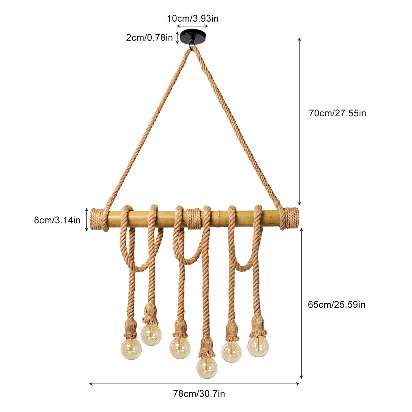 (M)Bamboo Pendant Light Rope Hemp 6-Light Bamboo Chandeliers Fixture for Kitchen Island