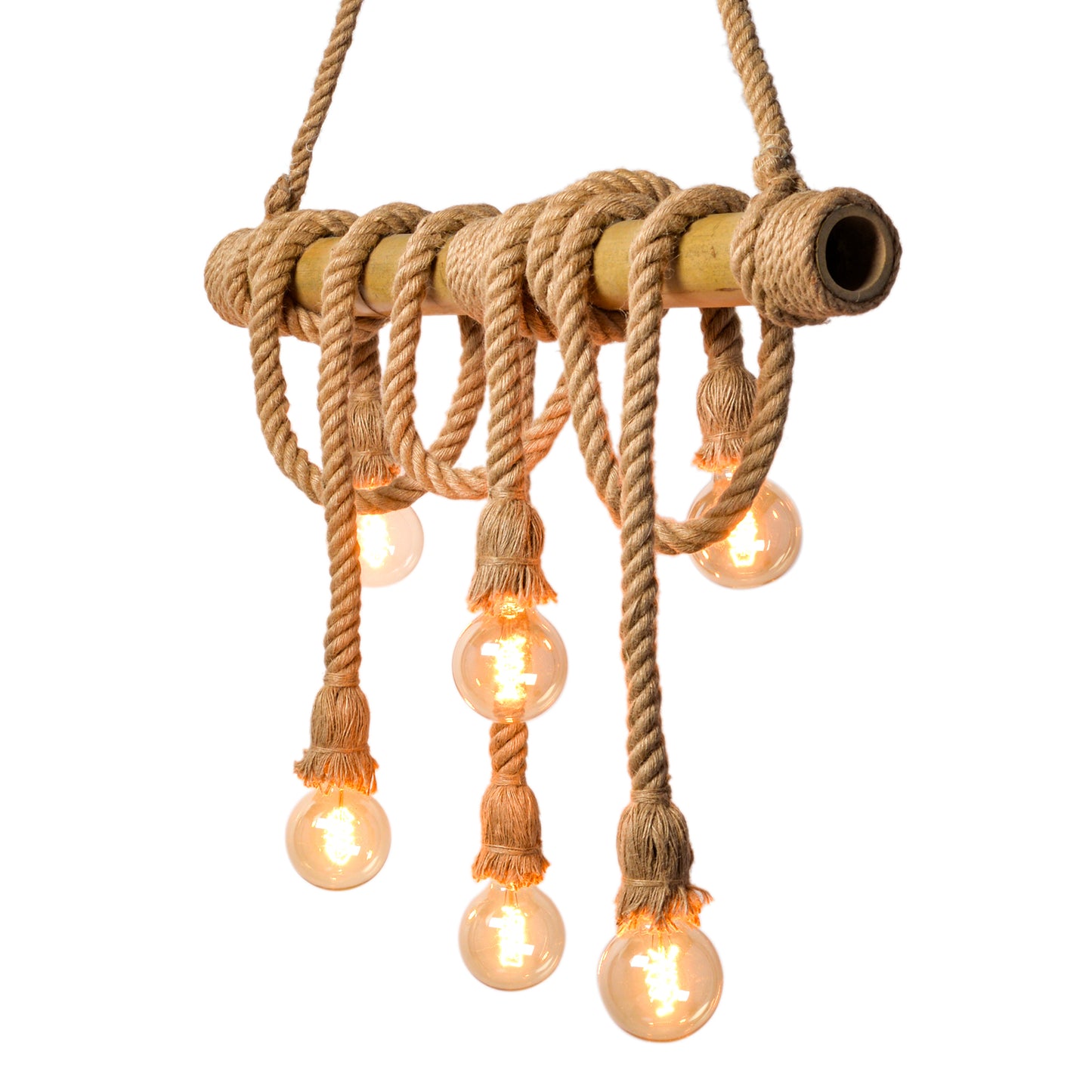 (M)Bamboo Pendant Light Rope Hemp 6-Light Bamboo Chandeliers Fixture for Kitchen Island