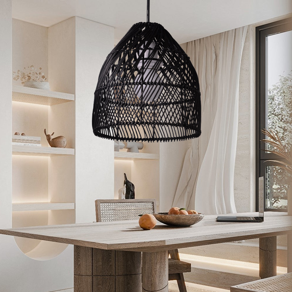 (Q)Handcrafted Rattan Decorative Pendant Light, Modern Industrial Style Black Rattan Pendant Light, Suitable for Restaurant Kitchen Islands