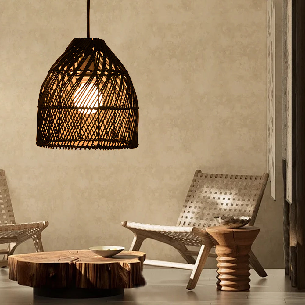 (Q)Handcrafted Rattan Decorative Pendant Light, Modern Industrial Style Black Rattan Pendant Light, Suitable for Restaurant Kitchen Islands