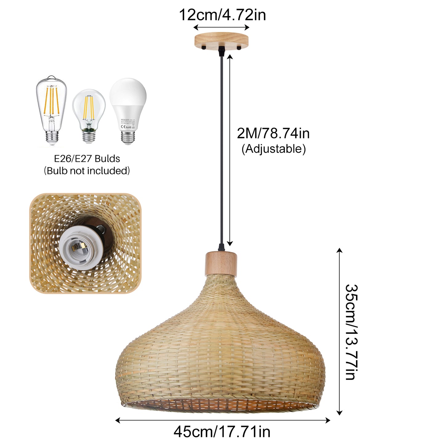 (Q)Handmade Bamboo Pendant Light, Modern Minimalist Style Bamboo Cage Pendant Light, Suitable for Living Rooms, Study Rooms, Dining Rooms