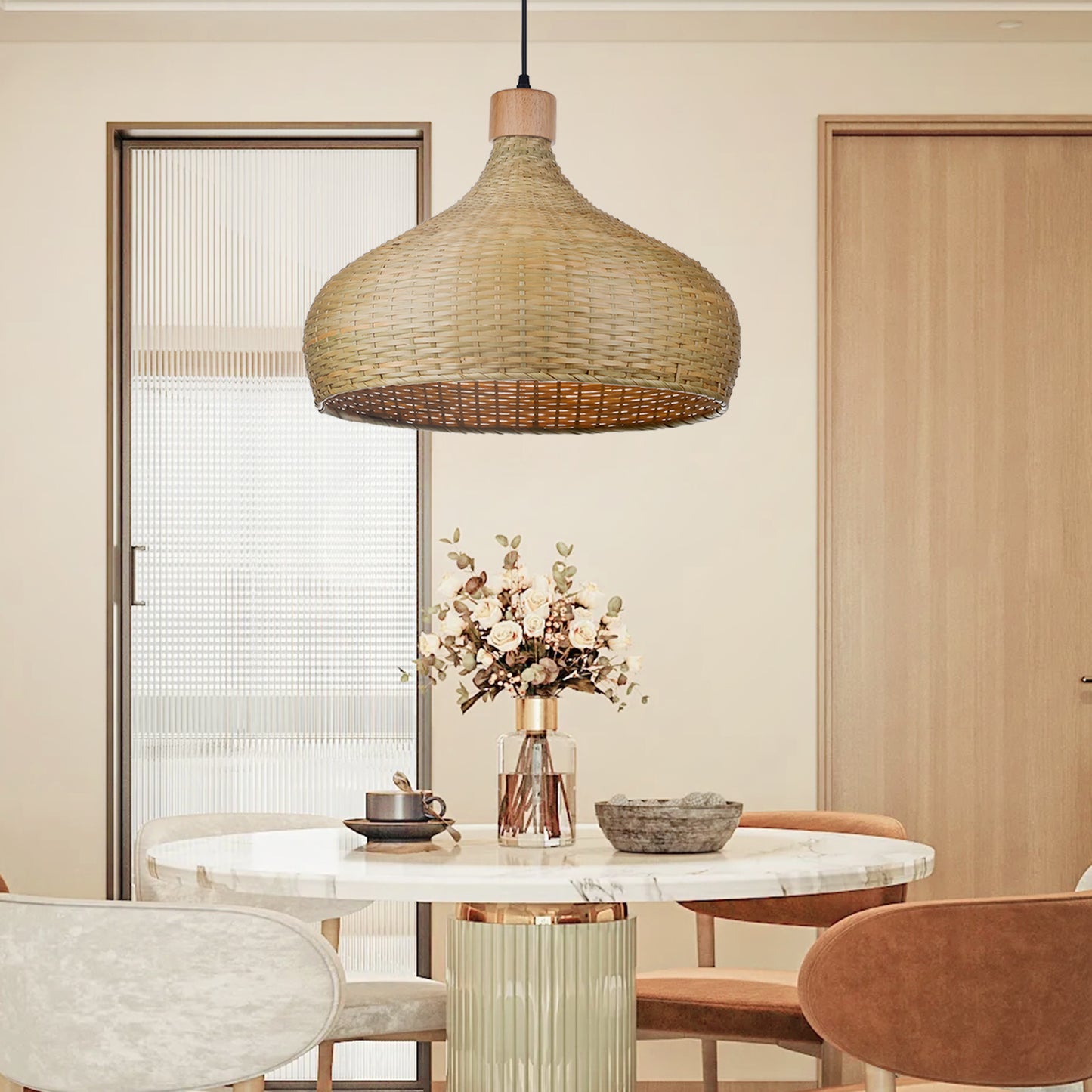 (Q)Handmade Bamboo Pendant Light, Modern Minimalist Style Bamboo Cage Pendant Light, Suitable for Living Rooms, Study Rooms, Dining Rooms