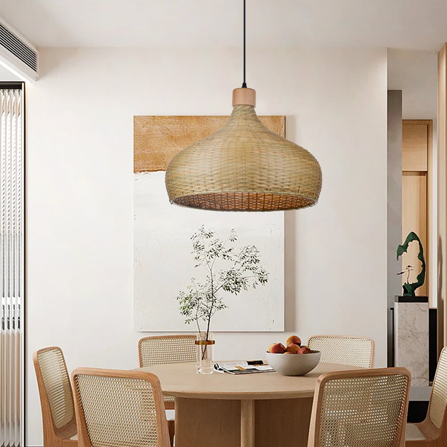 (Q)Handmade Bamboo Pendant Light, Modern Minimalist Style Bamboo Cage Pendant Light, Suitable for Living Rooms, Study Rooms, Dining Rooms