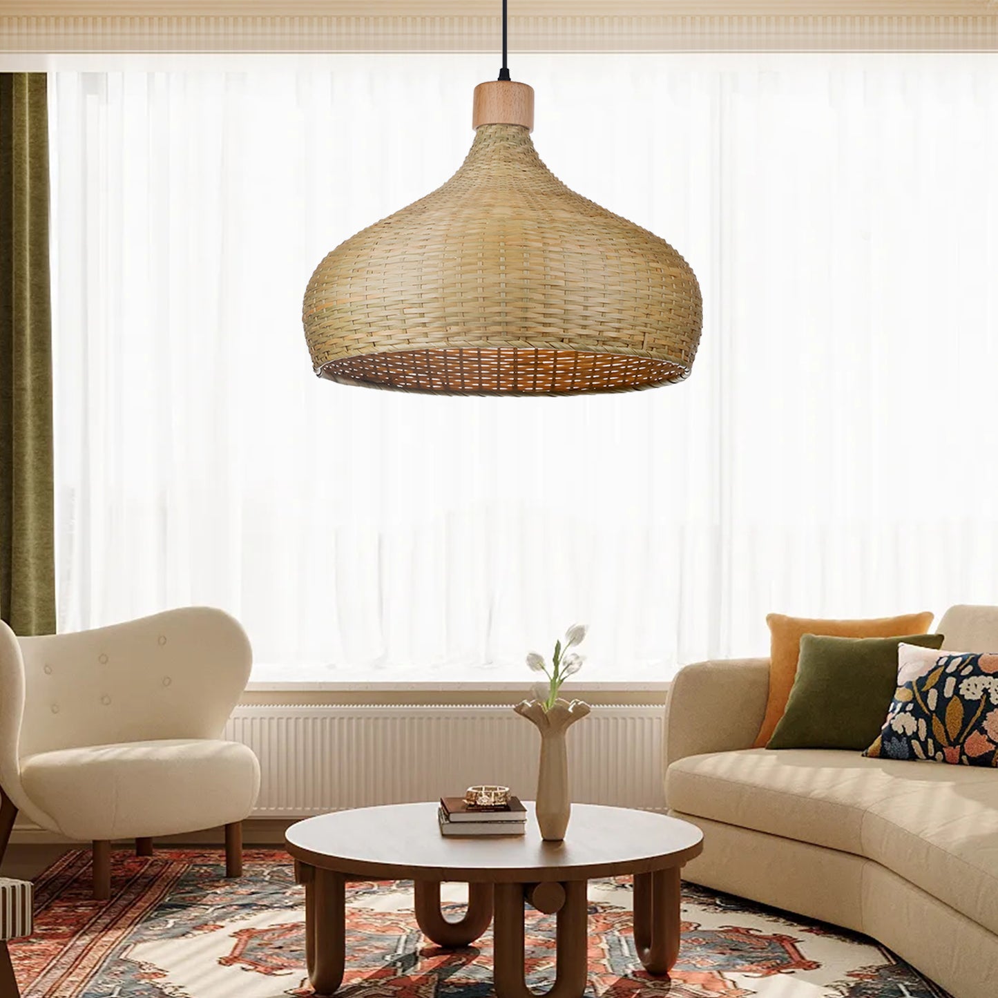 (Q)Handmade Bamboo Pendant Light, Modern Minimalist Style Bamboo Cage Pendant Light, Suitable for Living Rooms, Study Rooms, Dining Rooms