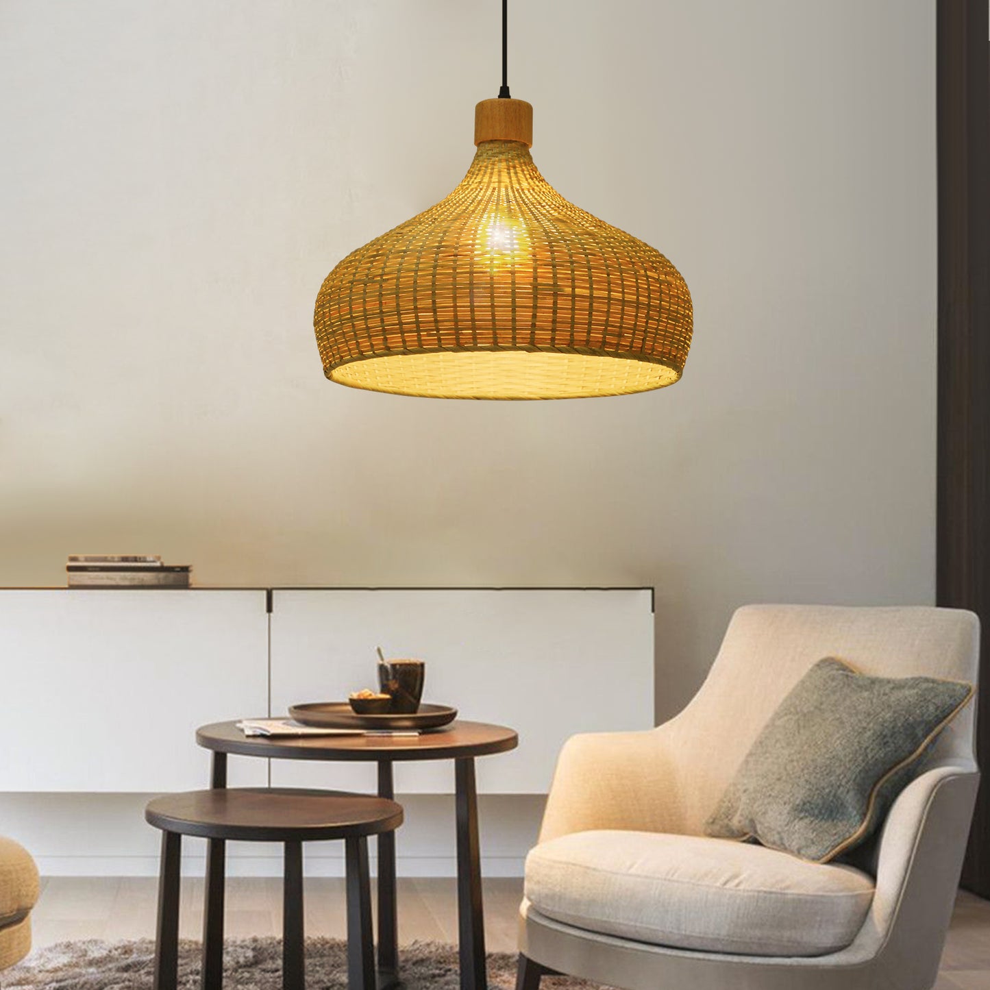 (Q)Handmade Bamboo Pendant Light, Modern Minimalist Style Bamboo Cage Pendant Light, Suitable for Living Rooms, Study Rooms, Dining Rooms