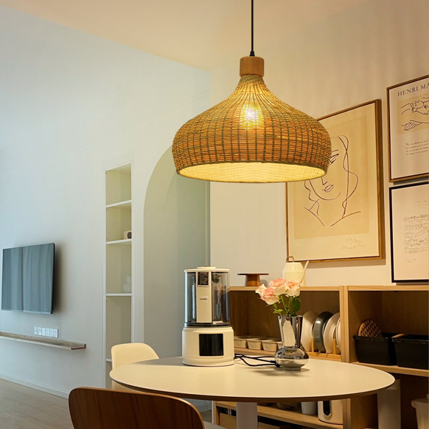 (Q)Handmade Bamboo Pendant Light, Modern Minimalist Style Bamboo Cage Pendant Light, Suitable for Living Rooms, Study Rooms, Dining Rooms