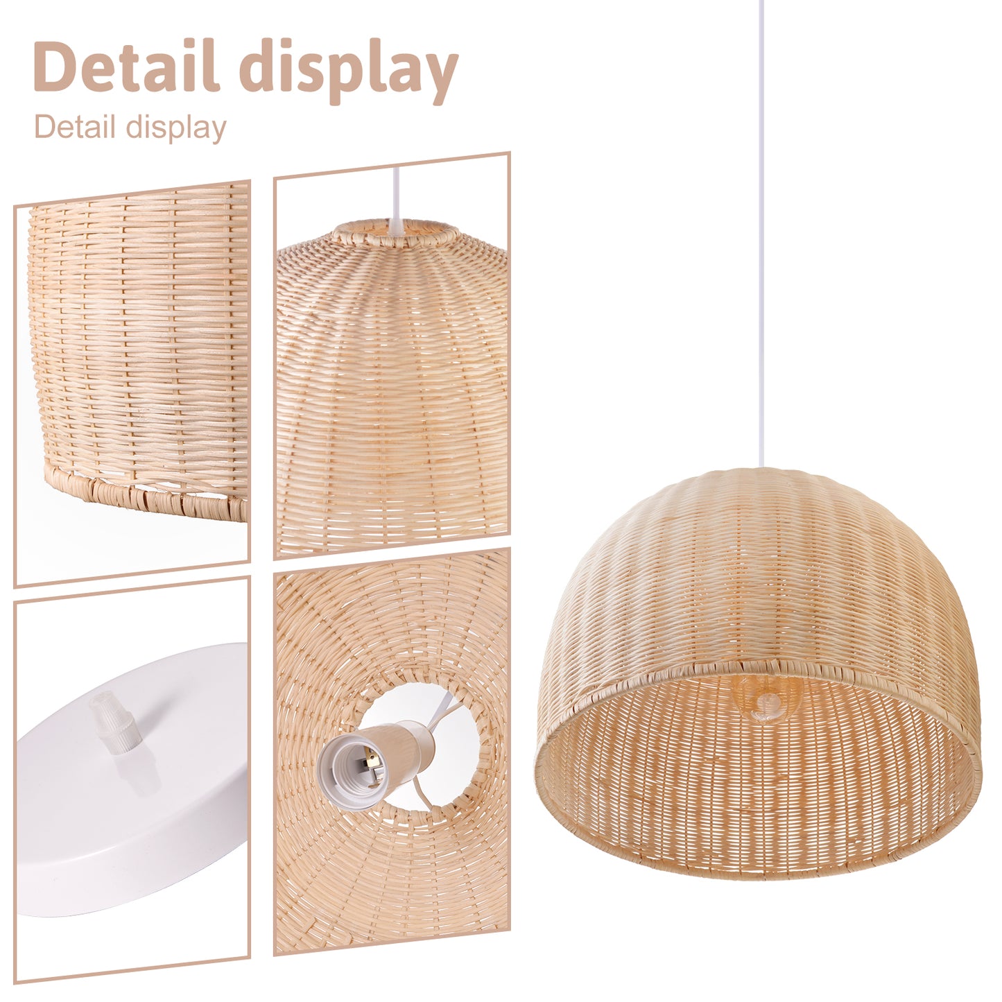 (Q)18 Inch Handmade Pendant Light, Bohemian Style Dome Shaped Lampshade Rattan Pendant Light, Suitable for Dining Rooms, Bedrooms, Living Rooms