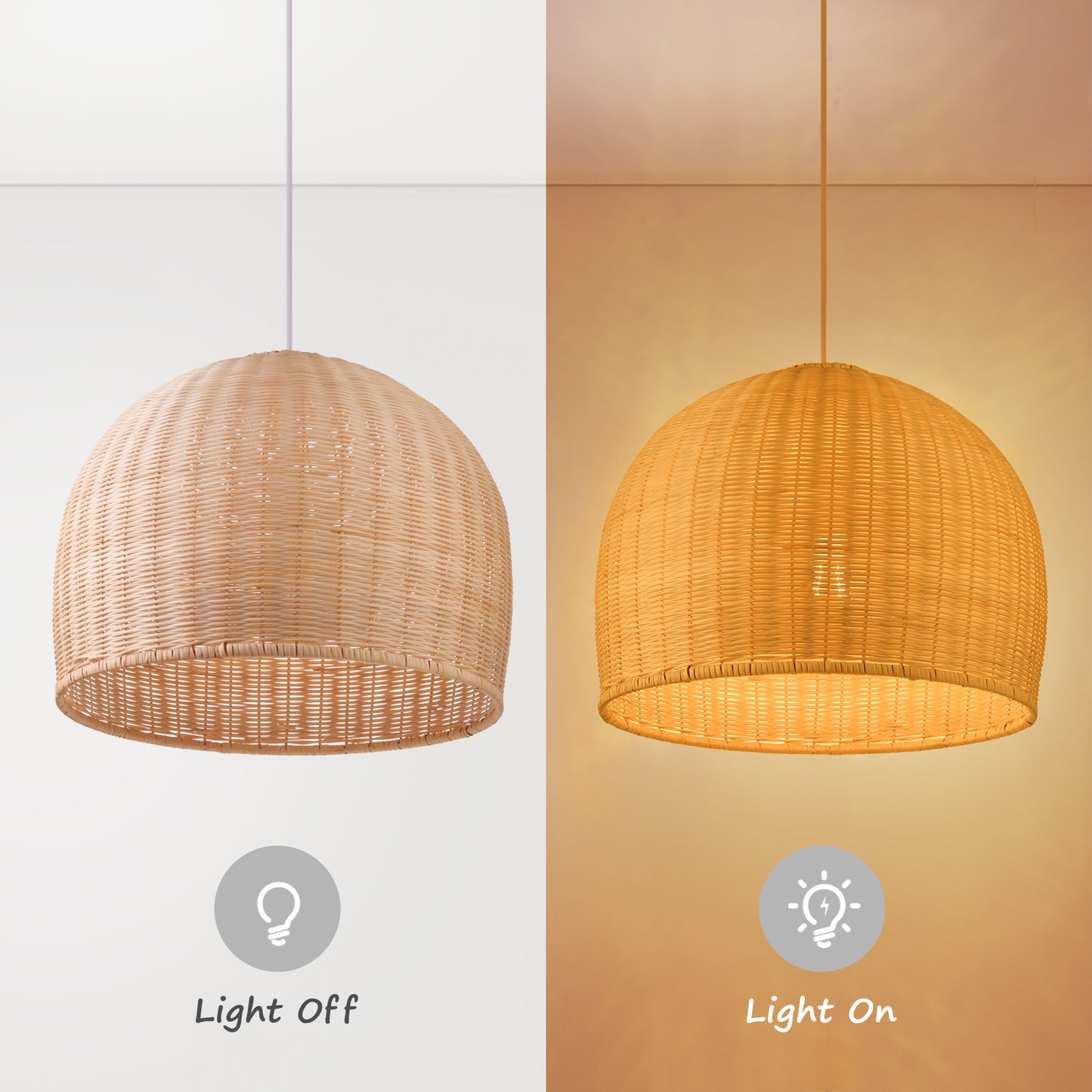 (Q)18 Inch Handmade Pendant Light, Bohemian Style Dome Shaped Lampshade Rattan Pendant Light, Suitable for Dining Rooms, Bedrooms, Living Rooms