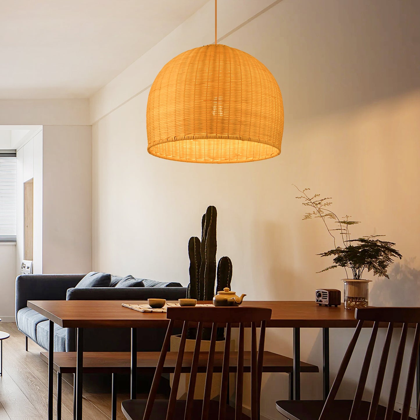 (Q)18 Inch Handmade Pendant Light, Bohemian Style Dome Shaped Lampshade Rattan Pendant Light, Suitable for Dining Rooms, Bedrooms, Living Rooms