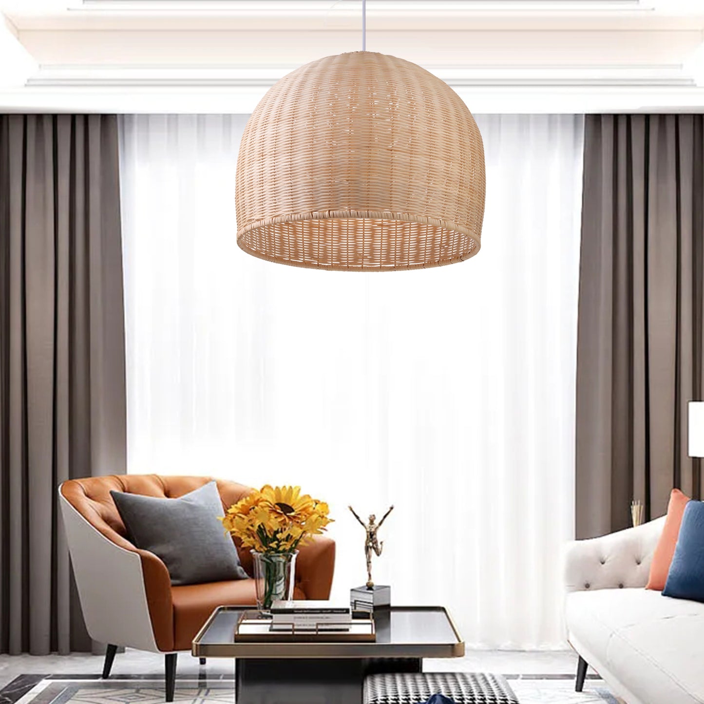 (Q)18 Inch Handmade Pendant Light, Bohemian Style Dome Shaped Lampshade Rattan Pendant Light, Suitable for Dining Rooms, Bedrooms, Living Rooms