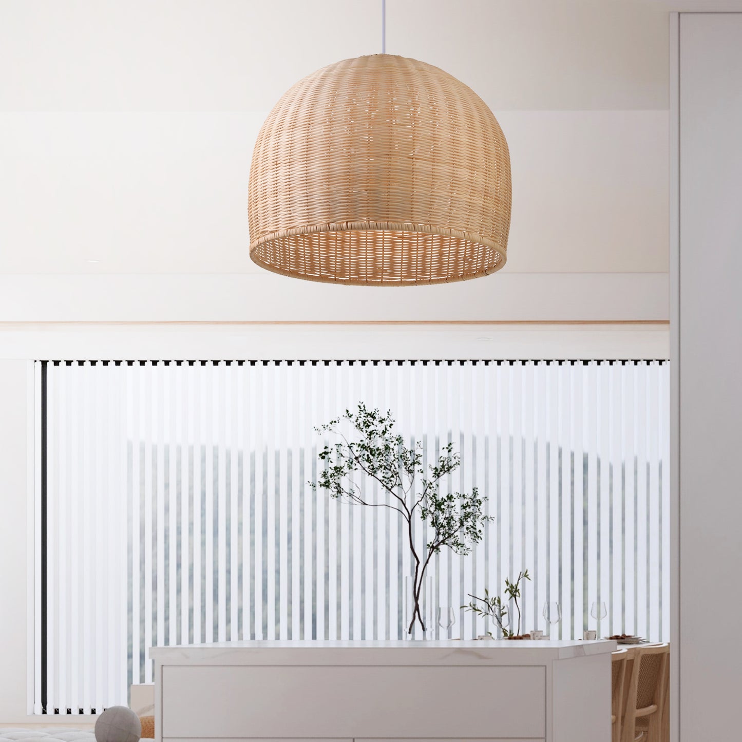 (Q)18 Inch Handmade Pendant Light, Bohemian Style Dome Shaped Lampshade Rattan Pendant Light, Suitable for Dining Rooms, Bedrooms, Living Rooms