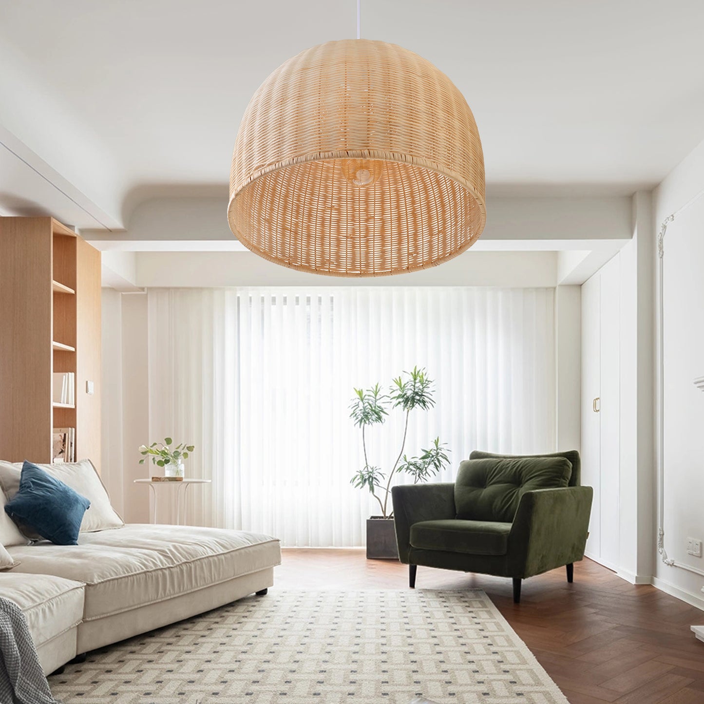 (Q)18 Inch Handmade Pendant Light, Bohemian Style Dome Shaped Lampshade Rattan Pendant Light, Suitable for Dining Rooms, Bedrooms, Living Rooms