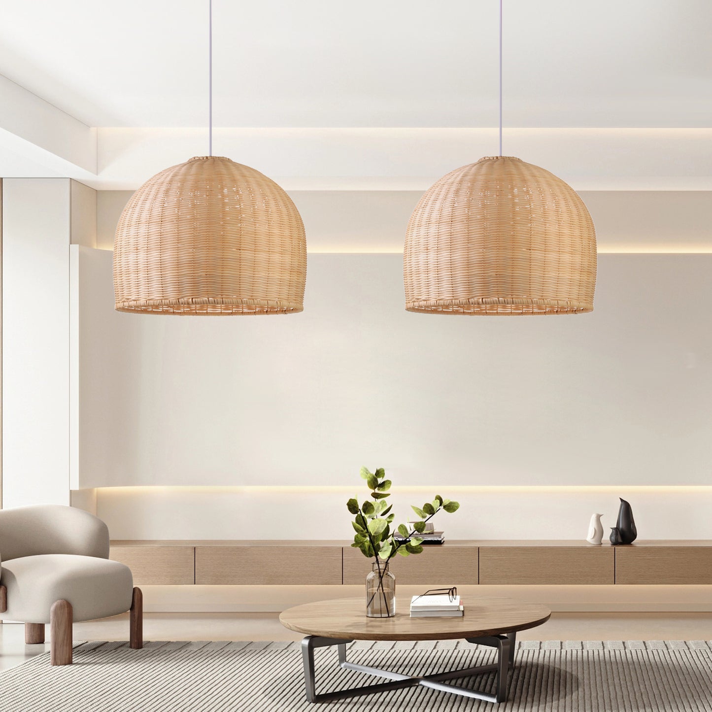 (Q)18 Inch Handmade Pendant Light, Bohemian Style Dome Shaped Lampshade Rattan Pendant Light, Suitable for Dining Rooms, Bedrooms, Living Rooms