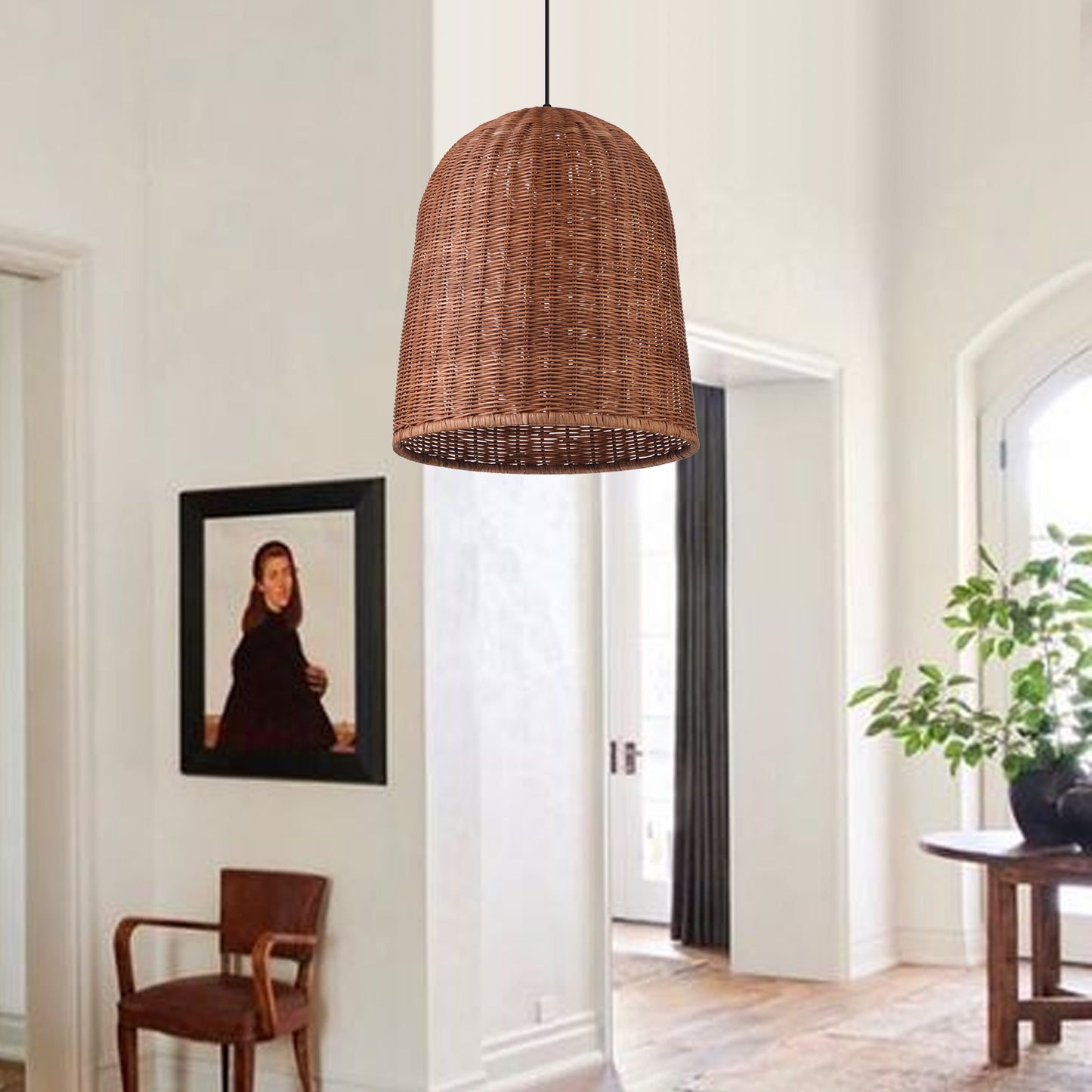(Q)Hand Woven Brown Rattan Pendant Light, Vintage Style Rattan Basket Rattan Woven Pendant Light, Suitable For Dining And Living Rooms