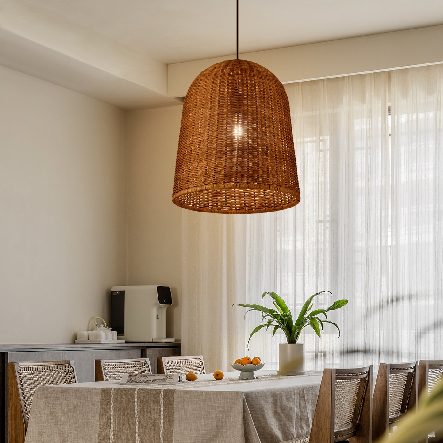 (Q)Hand Woven Brown Rattan Pendant Light, Vintage Style Rattan Basket Rattan Woven Pendant Light, Suitable For Dining And Living Rooms