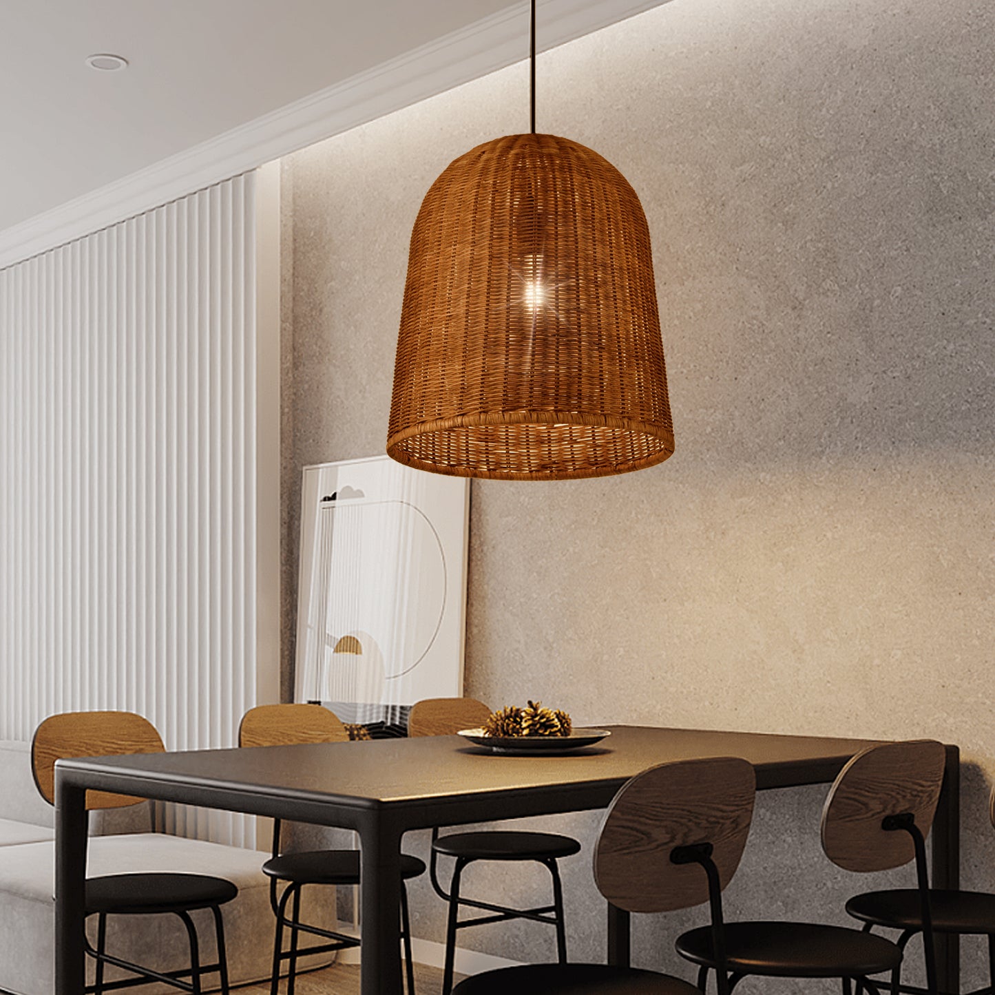 (Q)Hand Woven Brown Rattan Pendant Light, Vintage Style Rattan Basket Rattan Woven Pendant Light, Suitable For Dining And Living Rooms