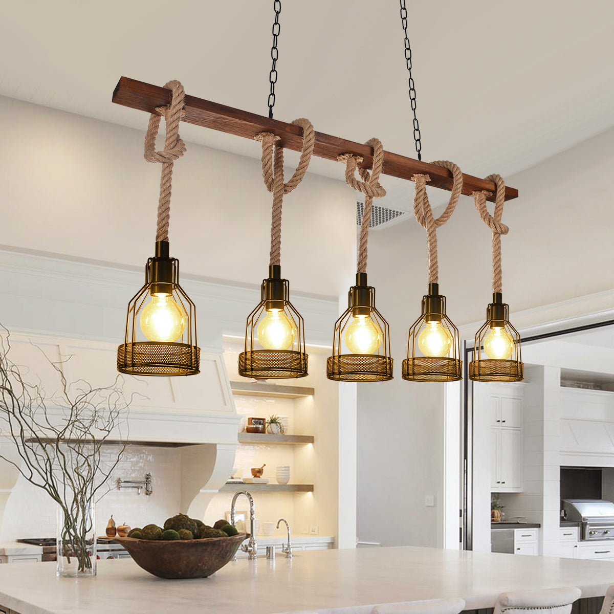 (Q) 5-Head Pendant Light, Industrial Style Pendant Light For Rural Farmhouses, Suitable For Kitchen Islands, Bedrooms, Living Rooms