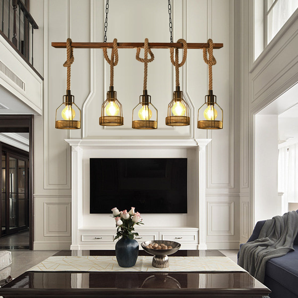 (Q) 5-Head Pendant Light, Industrial Style Pendant Light For Rural Farmhouses, Suitable For Kitchen Islands, Bedrooms, Living Rooms