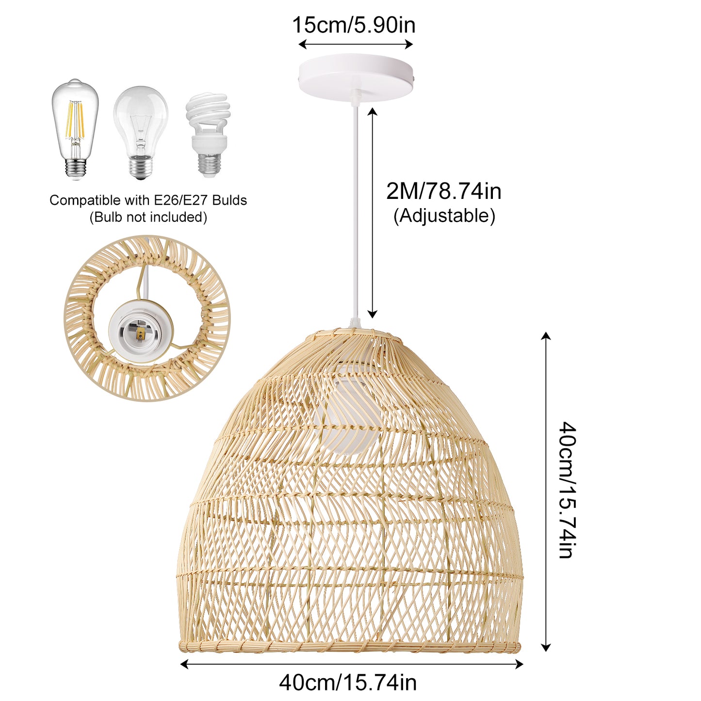 (Q)15.75-Inch Rattan Pendant Light, Bohemian Style Basket Woven Rattan Pendant Light, Suitable For Kitchen Island, Bedroom, Living Room