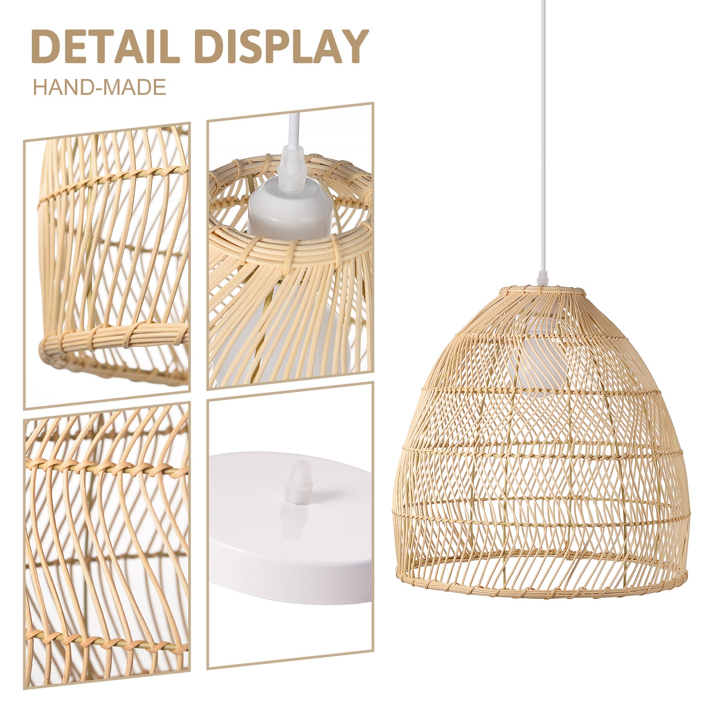 (Q)15.75-Inch Rattan Pendant Light, Bohemian Style Basket Woven Rattan Pendant Light, Suitable For Kitchen Island, Bedroom, Living Room