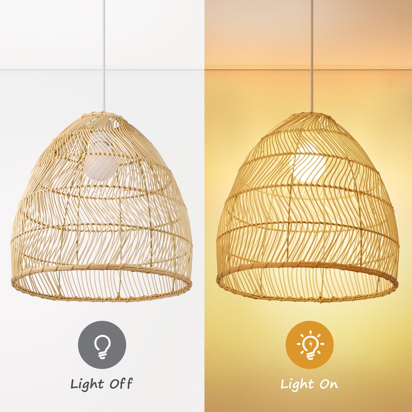 (Q)15.75-Inch Rattan Pendant Light, Bohemian Style Basket Woven Rattan Pendant Light, Suitable For Kitchen Island, Bedroom, Living Room