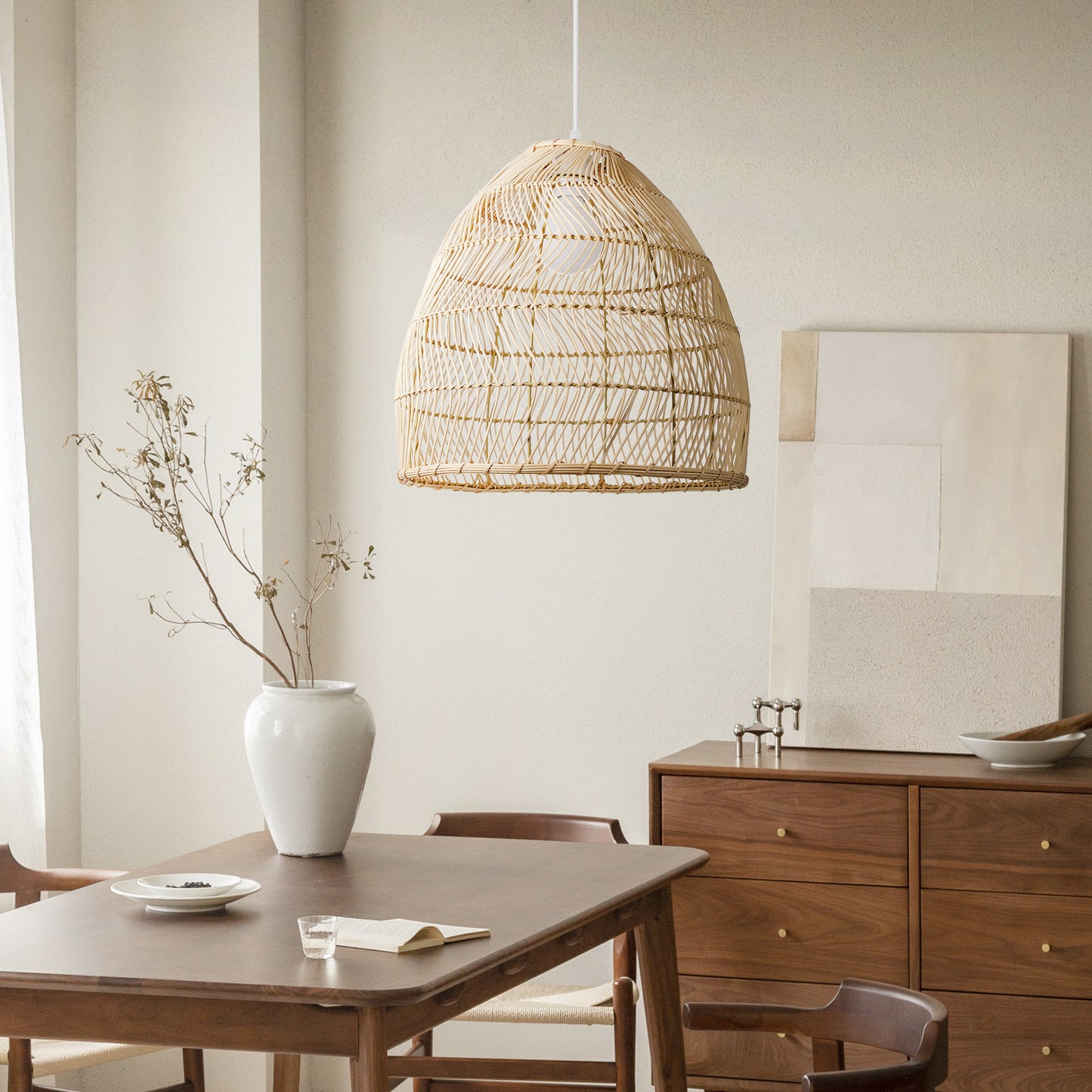 (Q)15.75-Inch Rattan Pendant Light, Bohemian Style Basket Woven Rattan Pendant Light, Suitable For Kitchen Island, Bedroom, Living Room