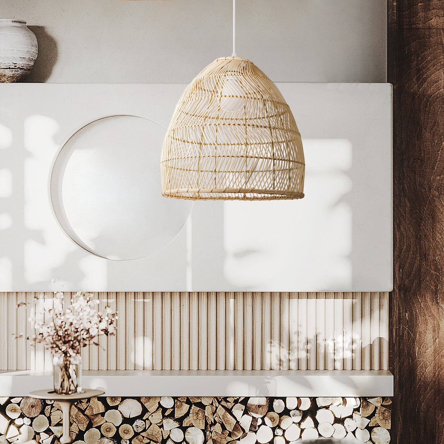 (Q)15.75-Inch Rattan Pendant Light, Bohemian Style Basket Woven Rattan Pendant Light, Suitable For Kitchen Island, Bedroom, Living Room