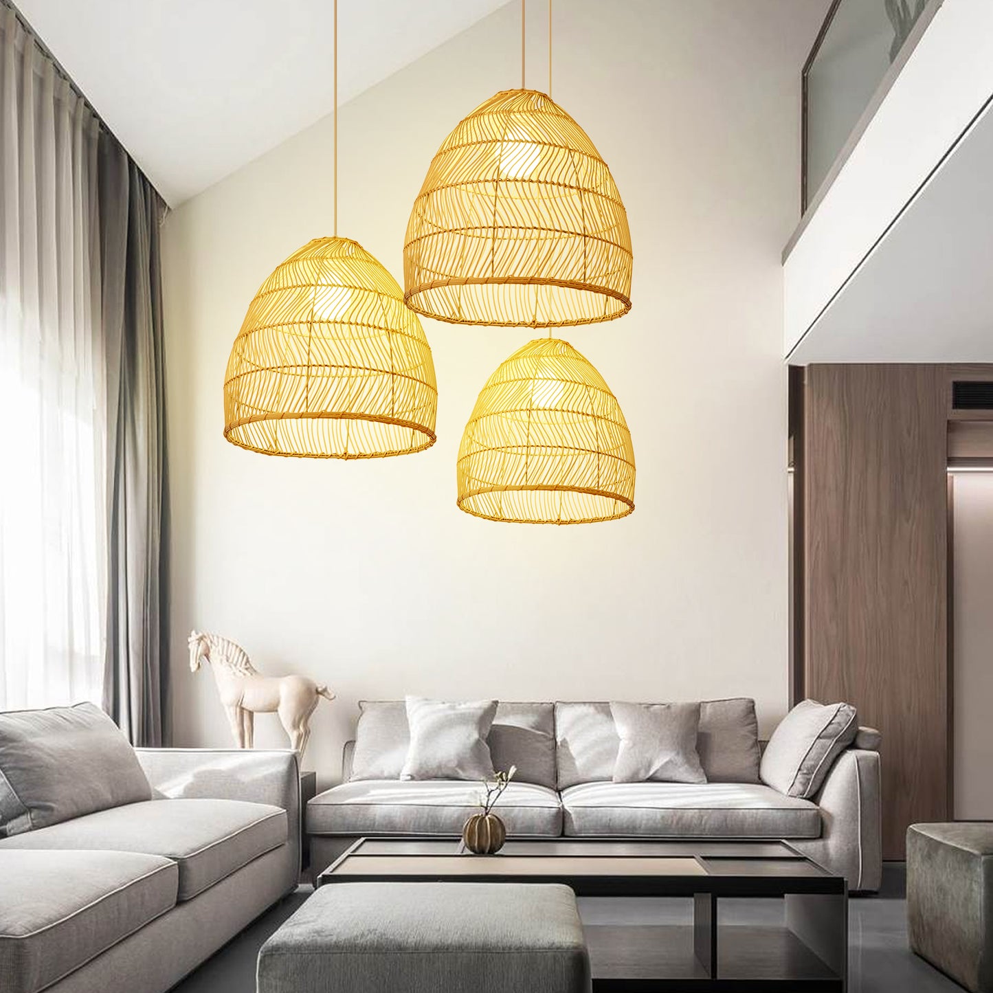 (Q)15.75-Inch Rattan Pendant Light, Bohemian Style Basket Woven Rattan Pendant Light, Suitable For Kitchen Island, Bedroom, Living Room