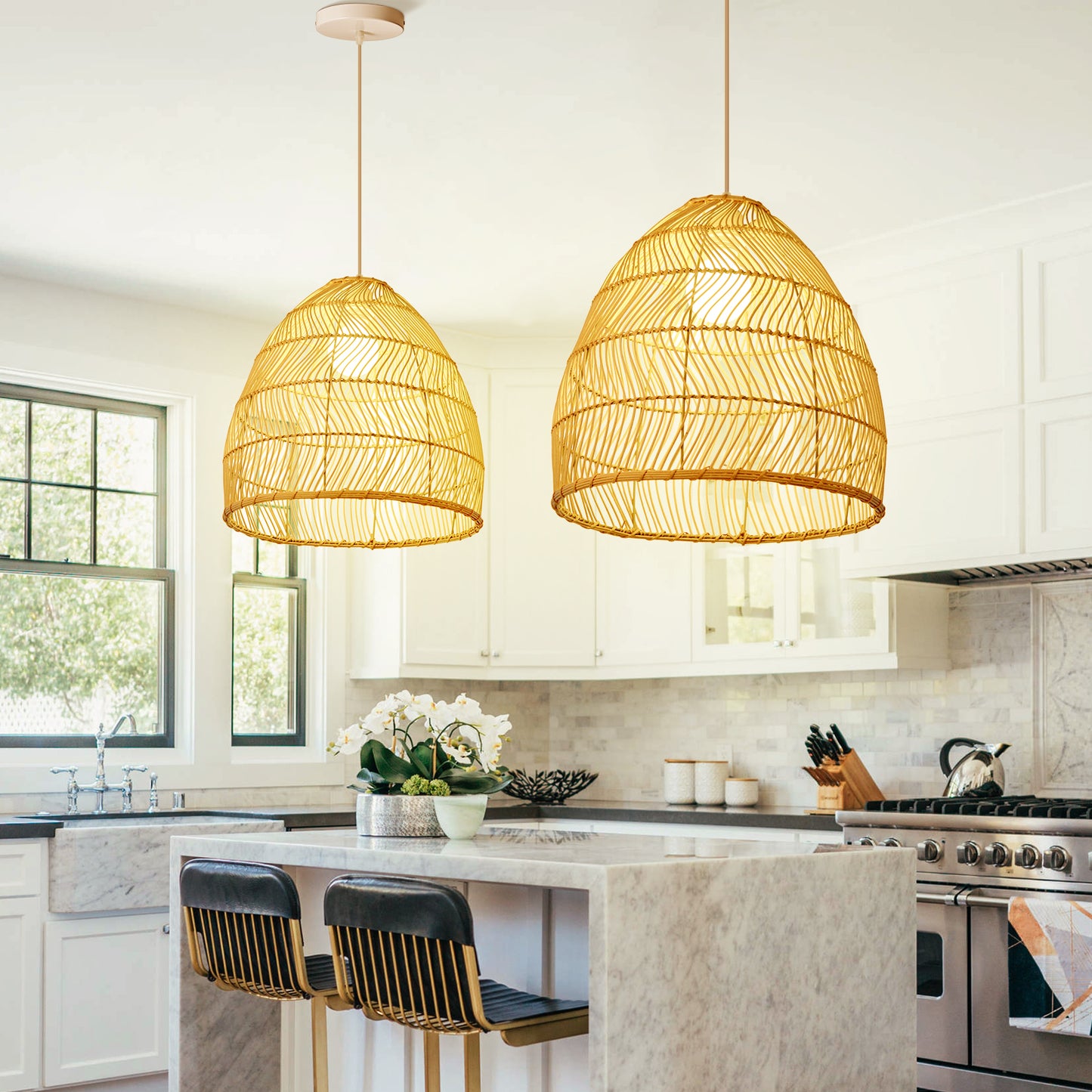 (Q)15.75-Inch Rattan Pendant Light, Bohemian Style Basket Woven Rattan Pendant Light, Suitable For Kitchen Island, Bedroom, Living Room