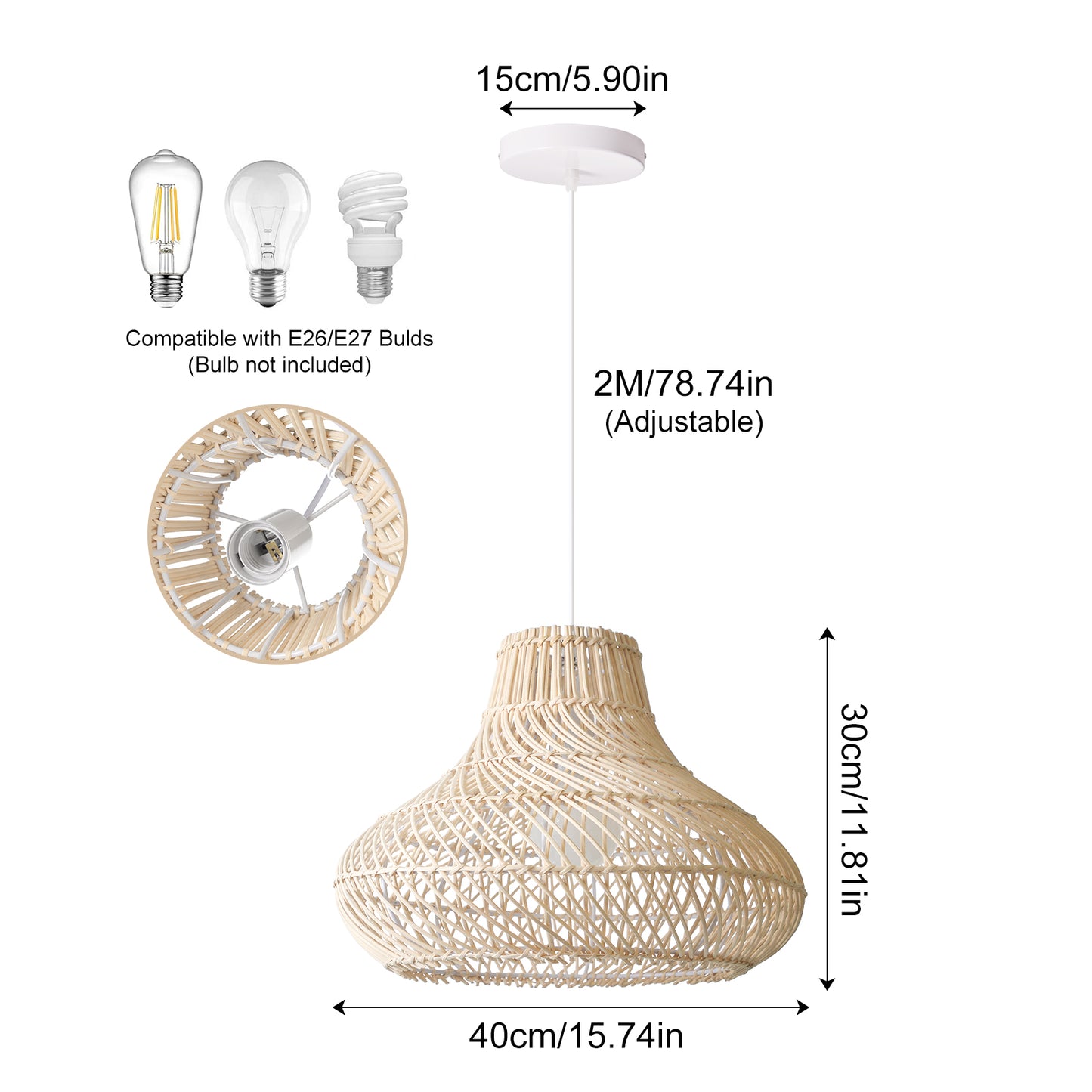 (Q) 15.75-Inch Handmade Rattan Pendant Light, Bohemian Style Tapered Lampshade Rattan Woven Pendant Light, Suitable For Living Room, Kitchen