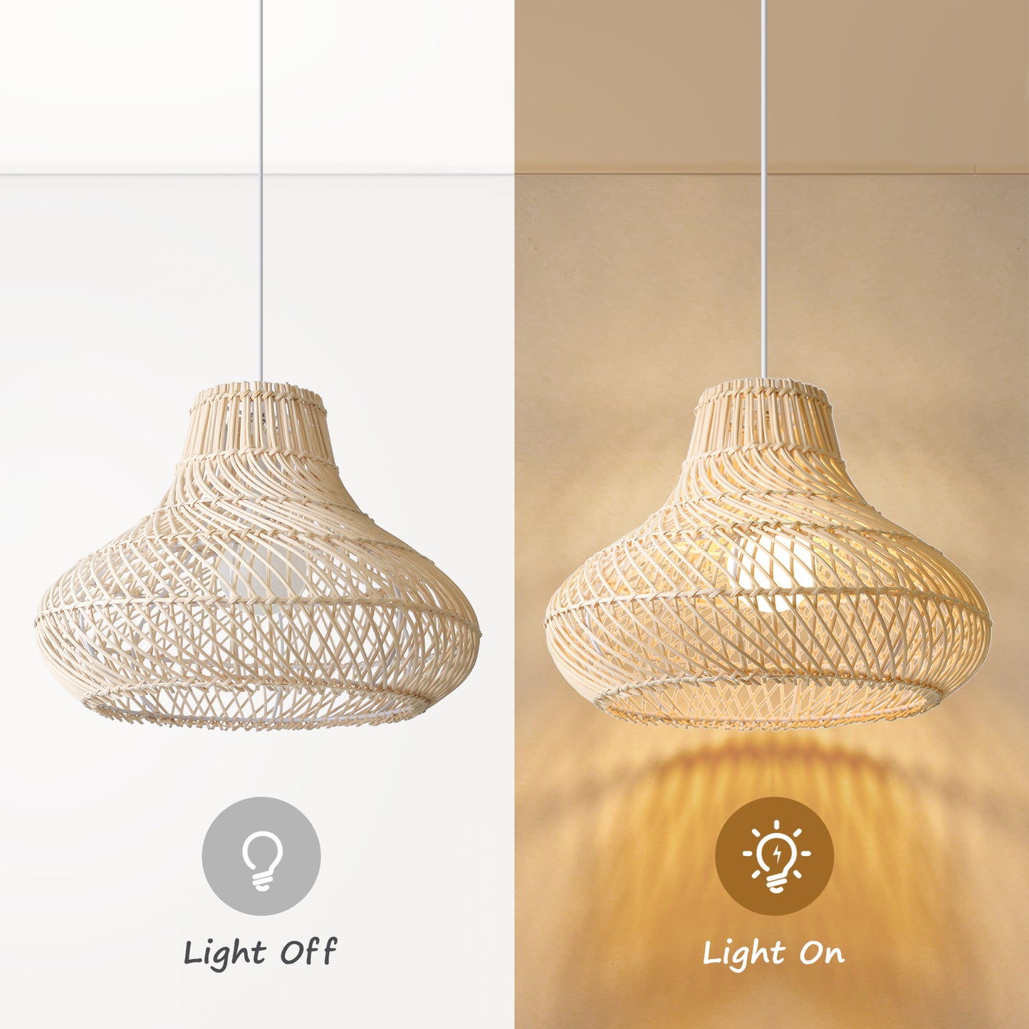 (Q) 15.75-Inch Handmade Rattan Pendant Light, Bohemian Style Tapered Lampshade Rattan Woven Pendant Light, Suitable For Living Room, Kitchen