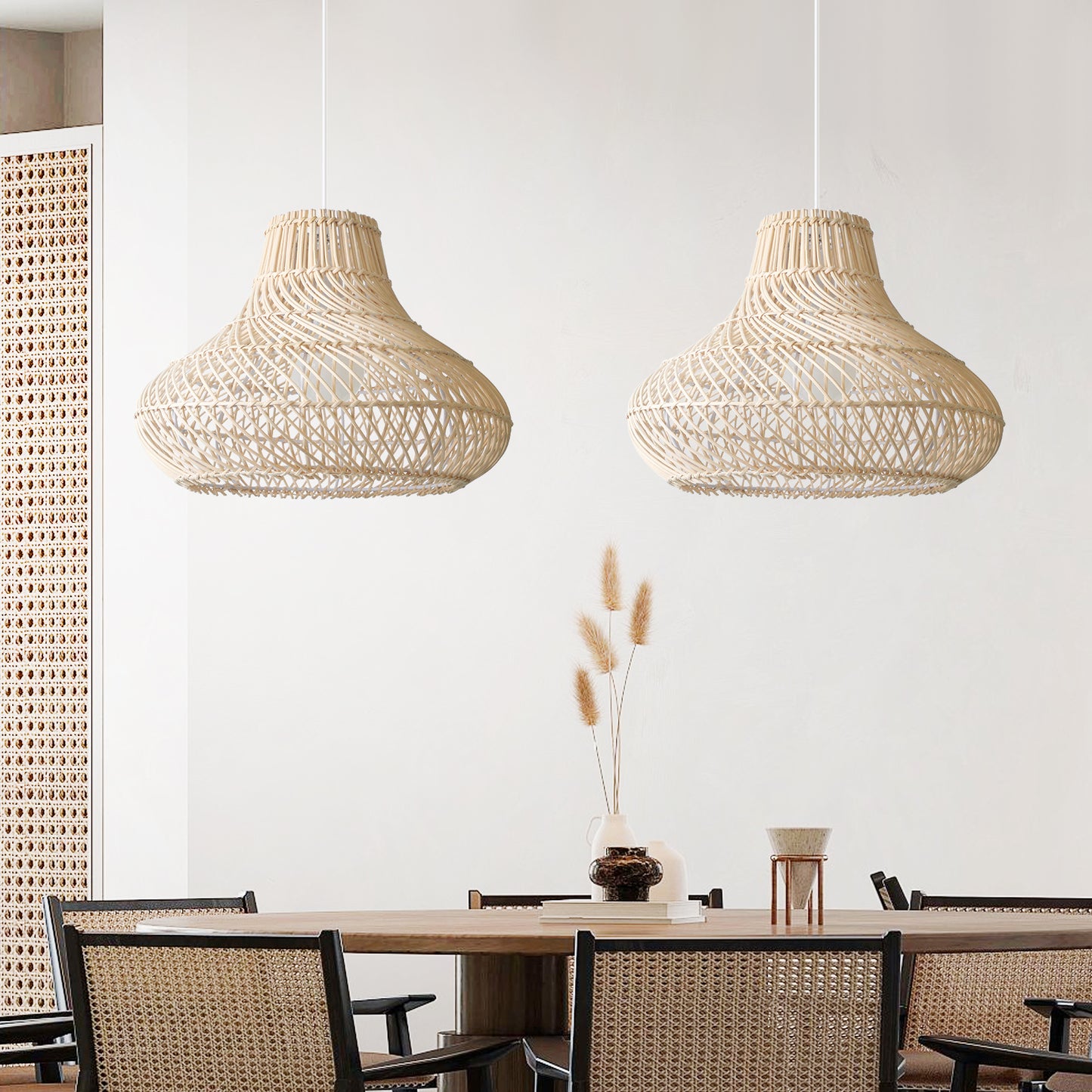 (Q) 15.75-Inch Handmade Rattan Pendant Light, Bohemian Style Tapered Lampshade Rattan Woven Pendant Light, Suitable For Living Room, Kitchen
