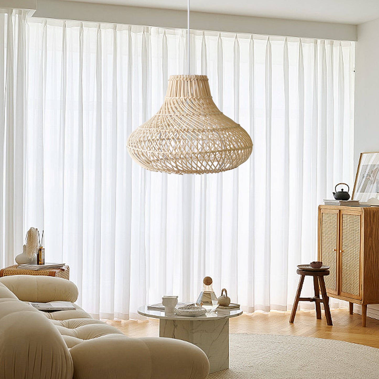 (Q) 15.75-Inch Handmade Rattan Pendant Light, Bohemian Style Tapered Lampshade Rattan Woven Pendant Light, Suitable For Living Room, Kitchen