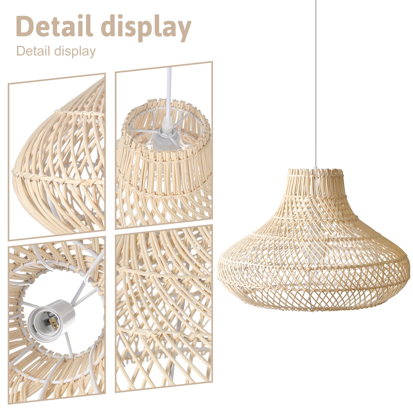 (Q) 15.75-Inch Handmade Rattan Pendant Light, Bohemian Style Tapered Lampshade Rattan Woven Pendant Light, Suitable For Living Room, Kitchen