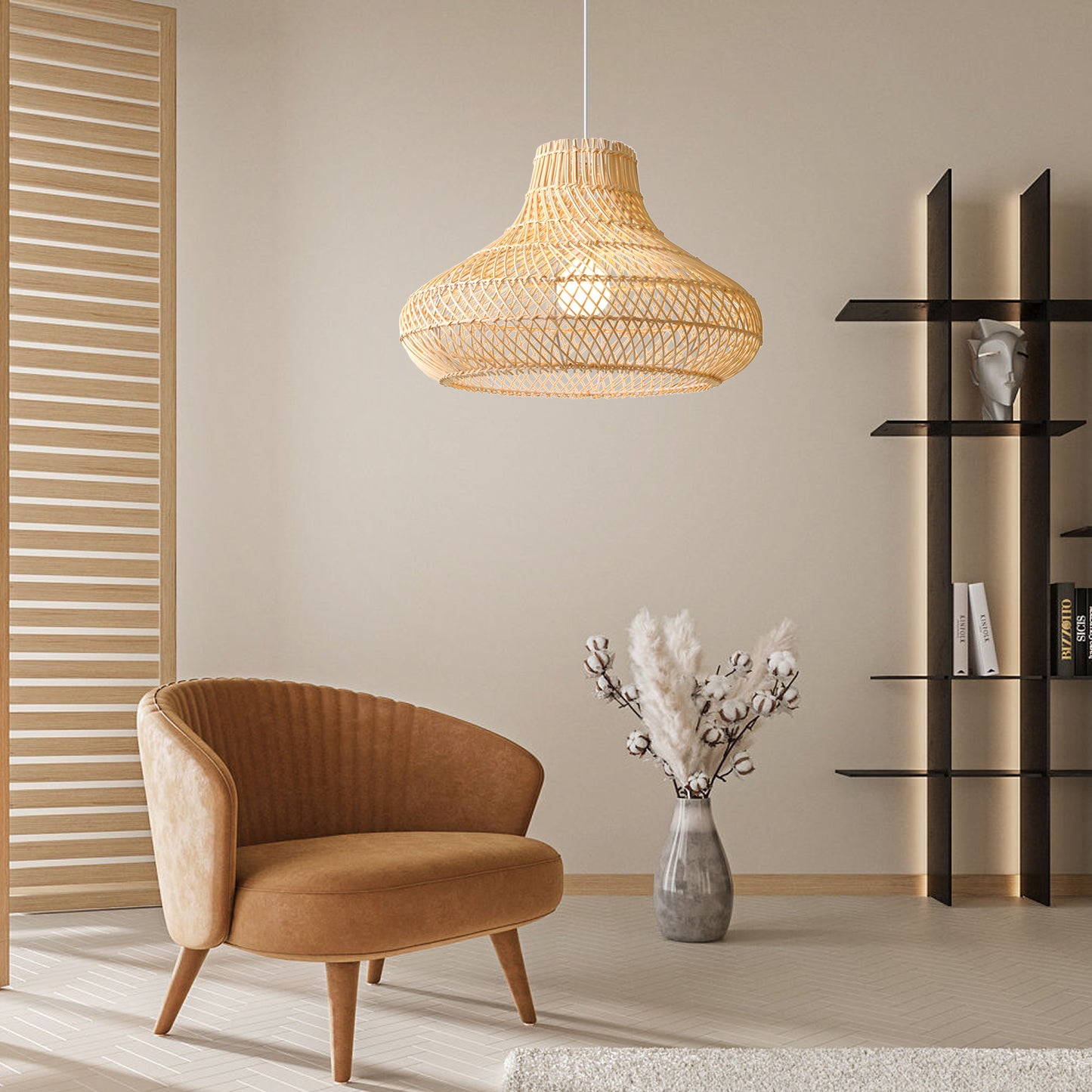 (Q) 15.75-Inch Handmade Rattan Pendant Light, Bohemian Style Tapered Lampshade Rattan Woven Pendant Light, Suitable For Living Room, Kitchen