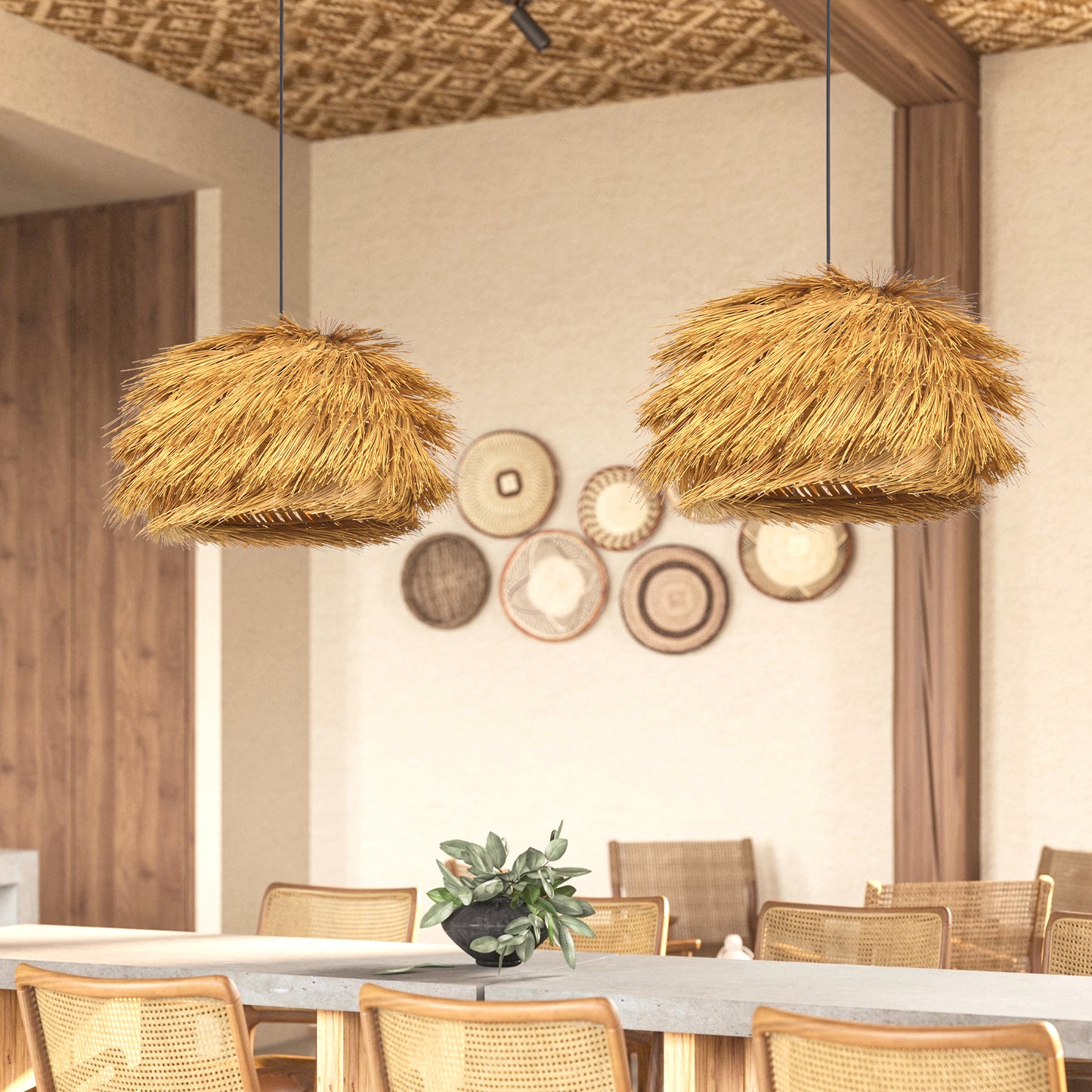 (Q)Hand Woven Bamboo and Rattan Pendant Light, Vintage Home Lighting Pendant Light, Bohemian Style, Suitable for Bedrooms and Restaurants