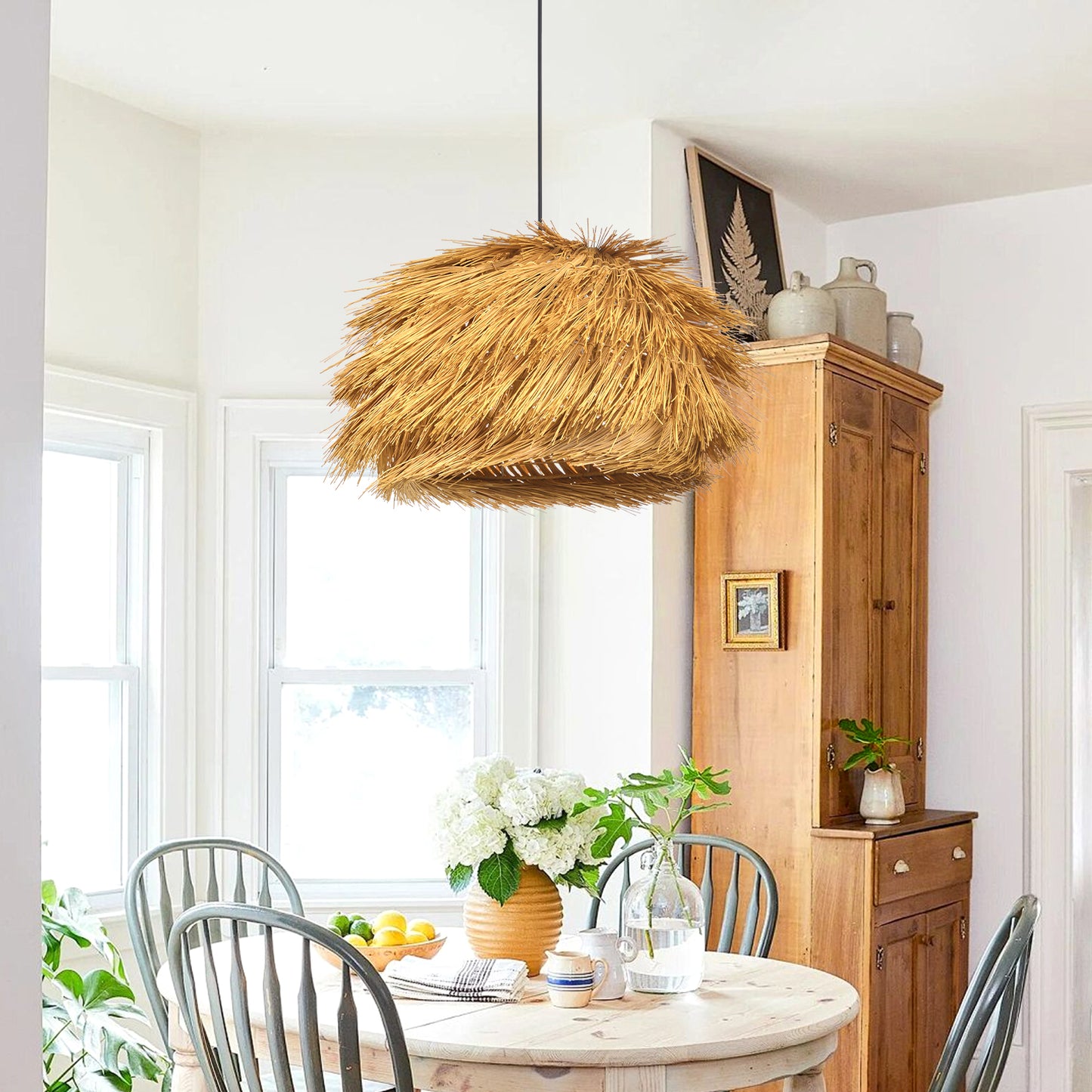 (Q)Hand Woven Bamboo and Rattan Pendant Light, Vintage Home Lighting Pendant Light, Bohemian Style, Suitable for Bedrooms and Restaurants