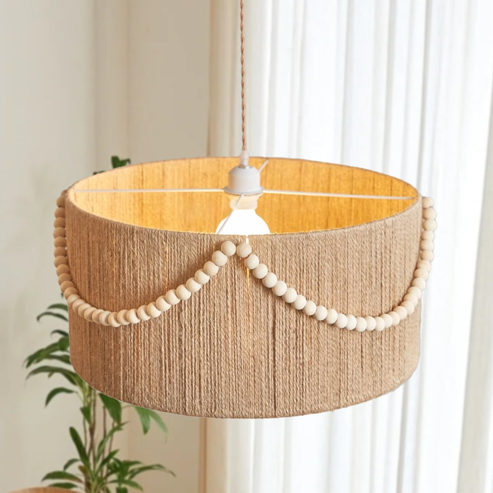 (Q) 15.75-Inch Hemp Rope Pendant Light, Bohemian Style Cylindrical Hemp Rope Pendant Light, Suitable for Living Room, Bedroom, Kitchen