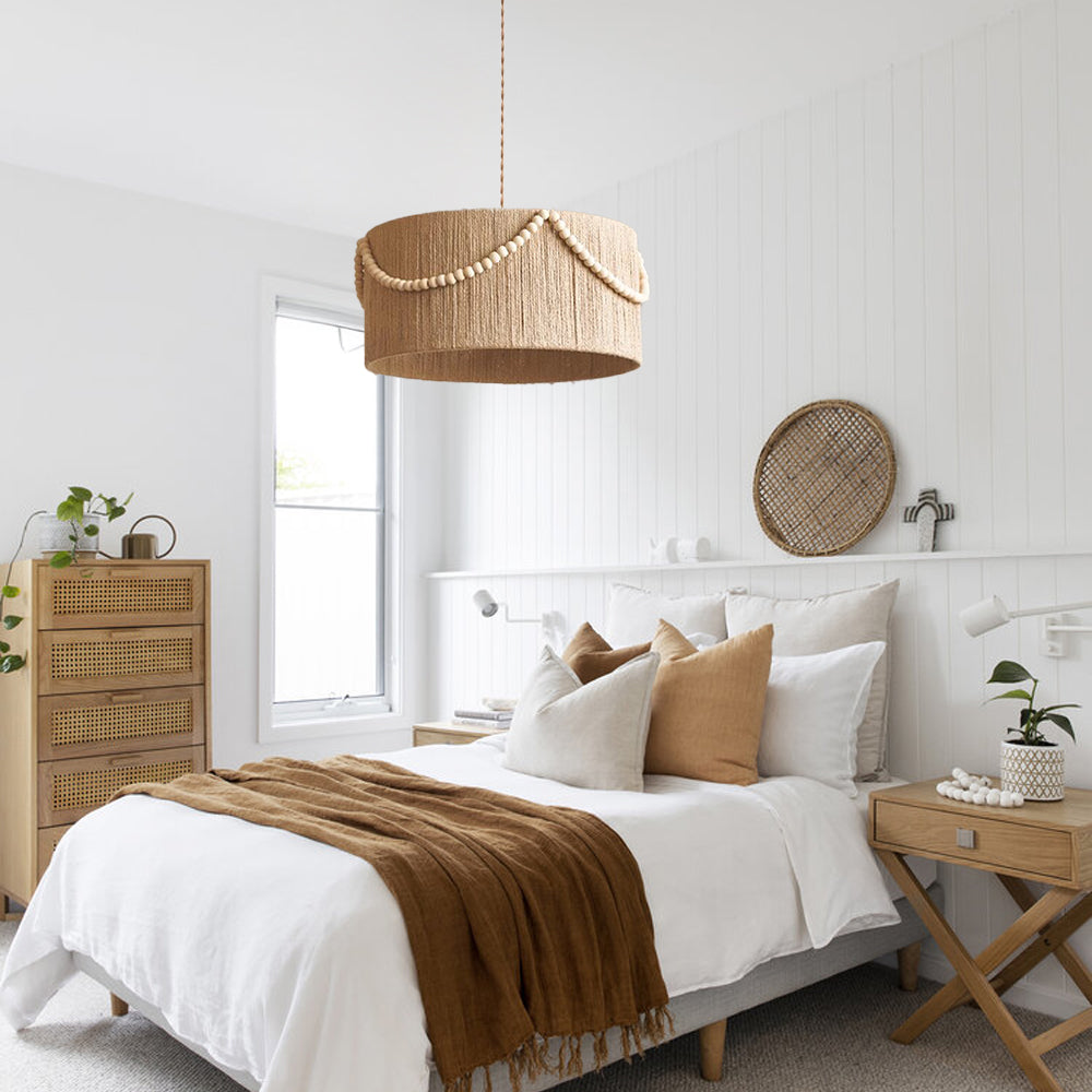 (Q) 15.75-Inch Hemp Rope Pendant Light, Bohemian Style Cylindrical Hemp Rope Pendant Light, Suitable for Living Room, Bedroom, Kitchen