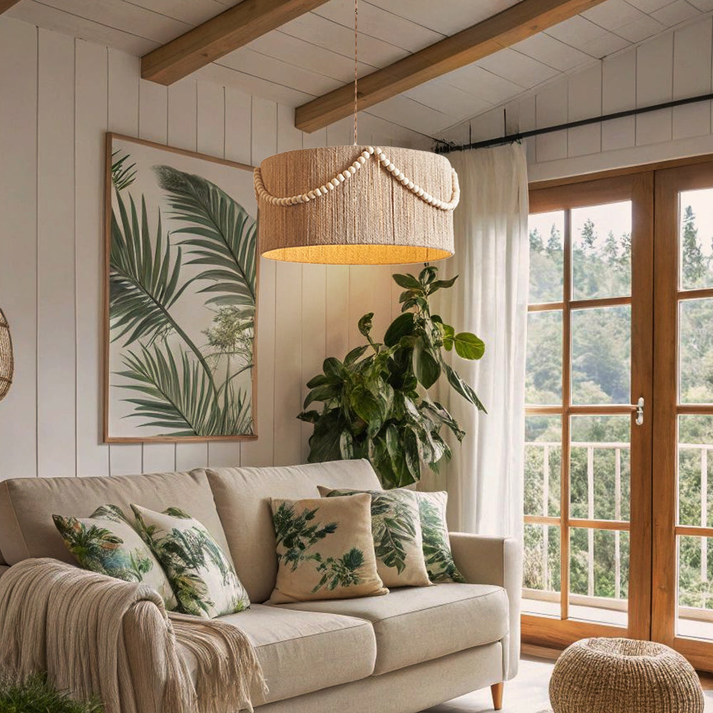 (Q) 15.75-Inch Hemp Rope Pendant Light, Bohemian Style Cylindrical Hemp Rope Pendant Light, Suitable for Living Room, Bedroom, Kitchen