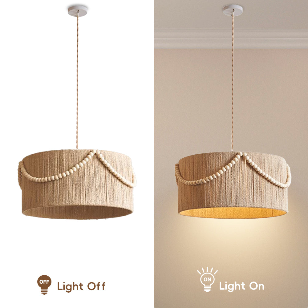 (Q) 15.75-Inch Hemp Rope Pendant Light, Bohemian Style Cylindrical Hemp Rope Pendant Light, Suitable for Living Room, Bedroom, Kitchen