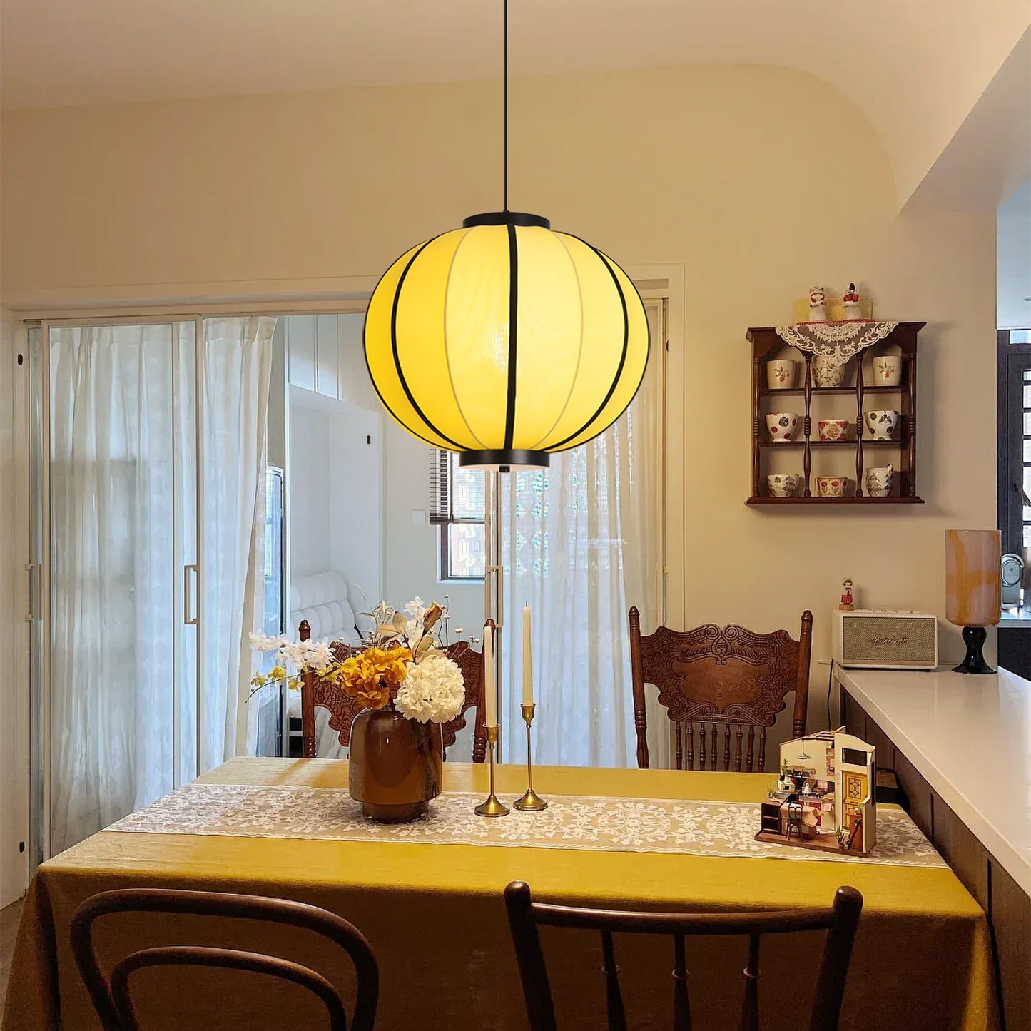 (X)Handmade Fabric Pendant Light, Modern Beige Cylinder Shade for Bedrooms and Living Rooms