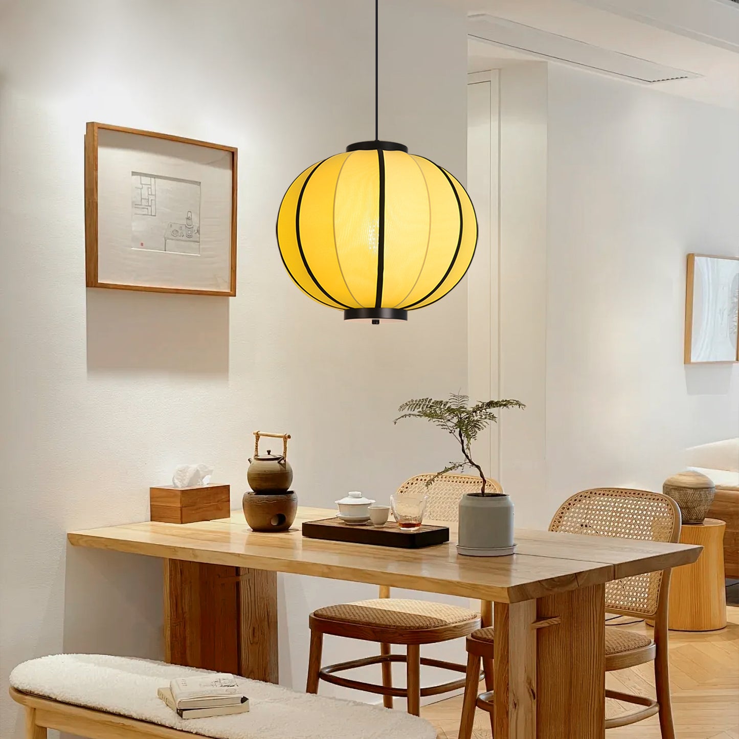 (X)Handmade Fabric Pendant Light, Modern Beige Cylinder Shade for Bedrooms and Living Rooms
