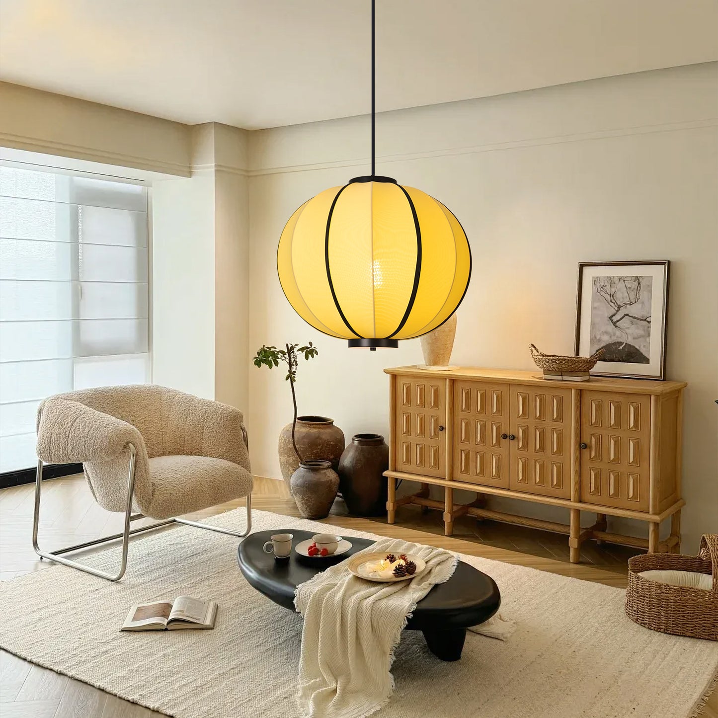 (X)Handmade Fabric Pendant Light, Modern Beige Cylinder Shade for Bedrooms and Living Rooms