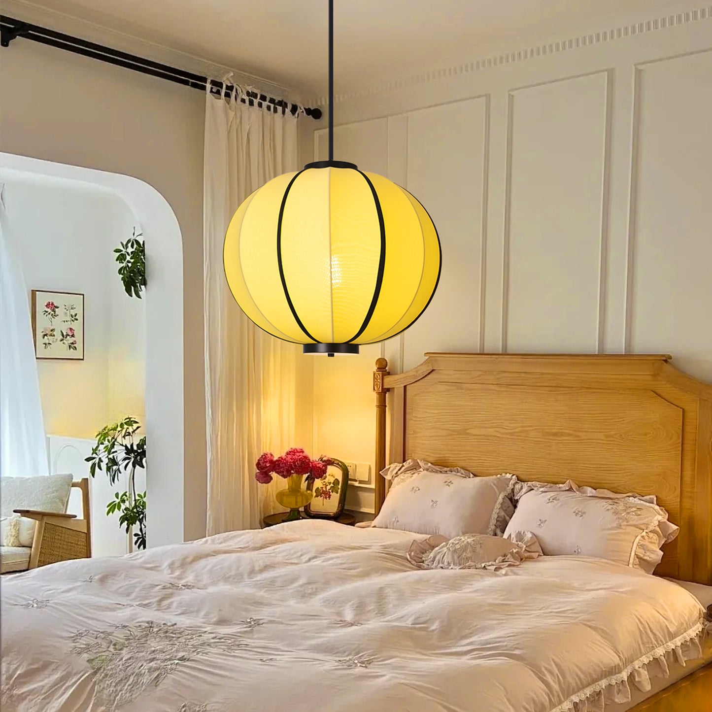 (X)Handmade Fabric Pendant Light, Modern Beige Cylinder Shade for Bedrooms and Living Rooms