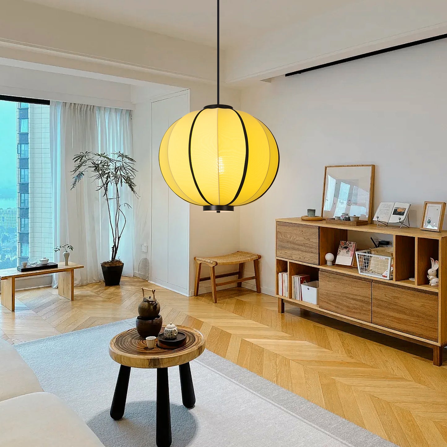 (X)Handmade Fabric Pendant Light, Modern Beige Cylinder Shade for Bedrooms and Living Rooms