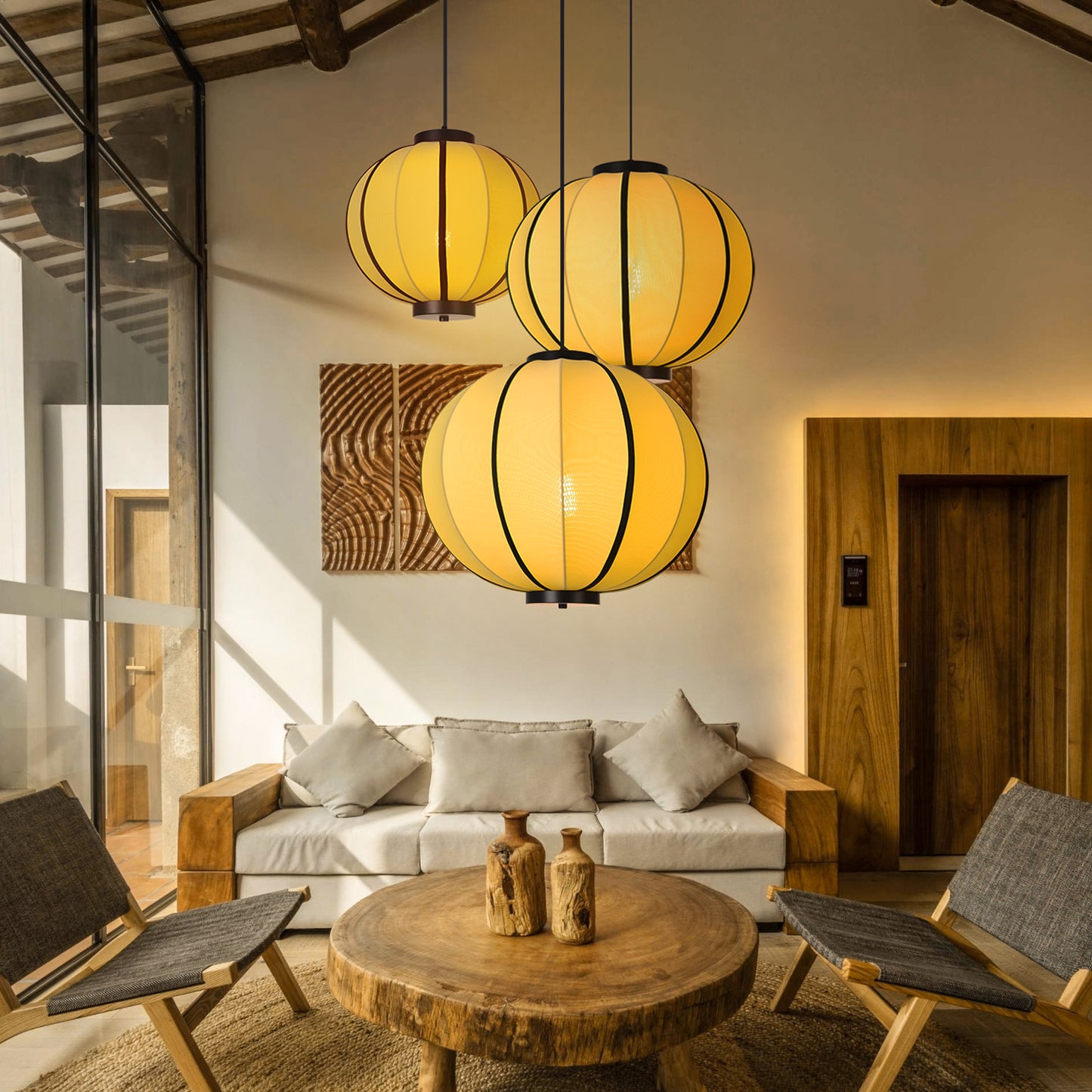 (X)Handmade Fabric Pendant Light, Modern Beige Cylinder Shade for Bedrooms and Living Rooms