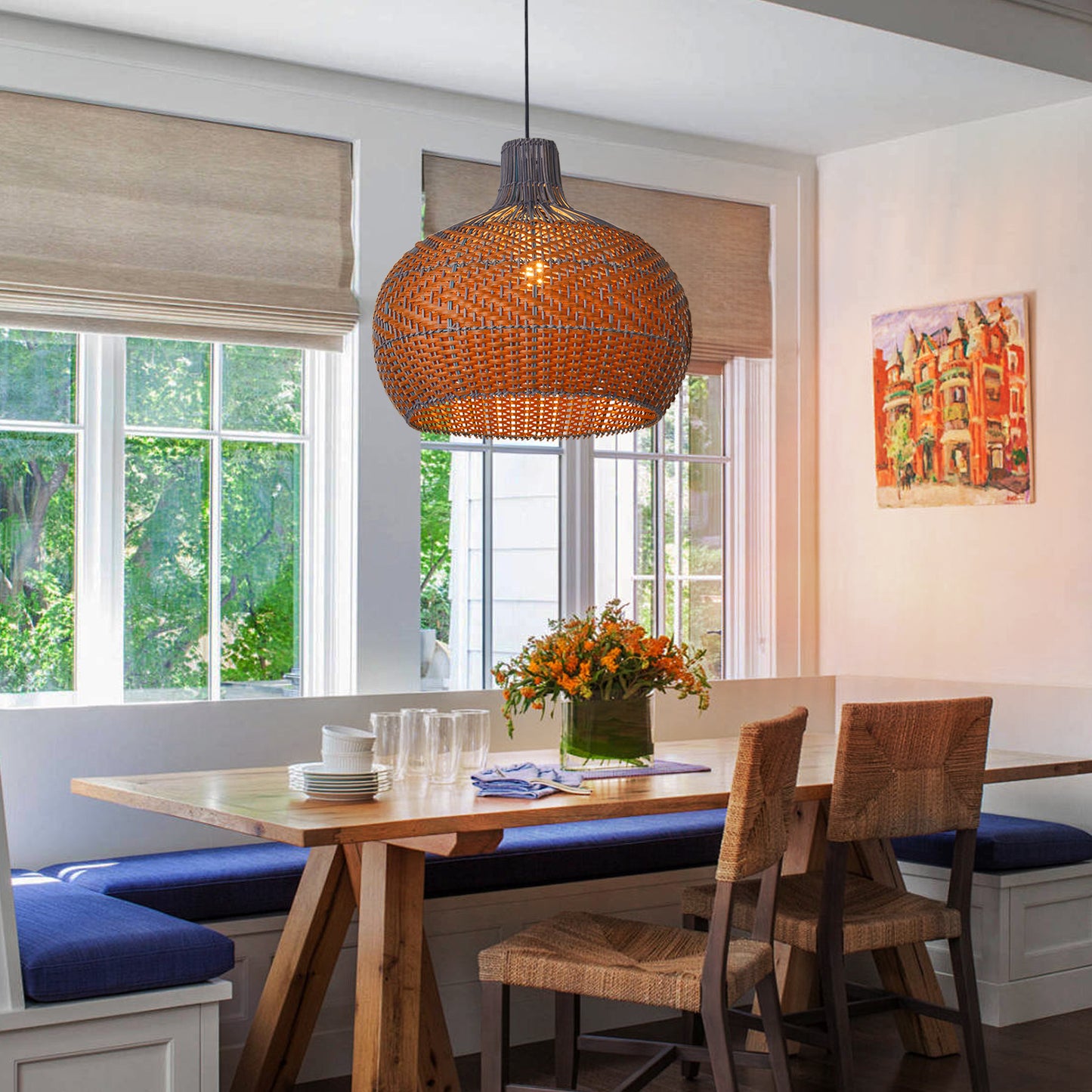 (X)Handcrafted Rattan Cylinder Pendant Light - Decorative Lighting for Living Room and Study